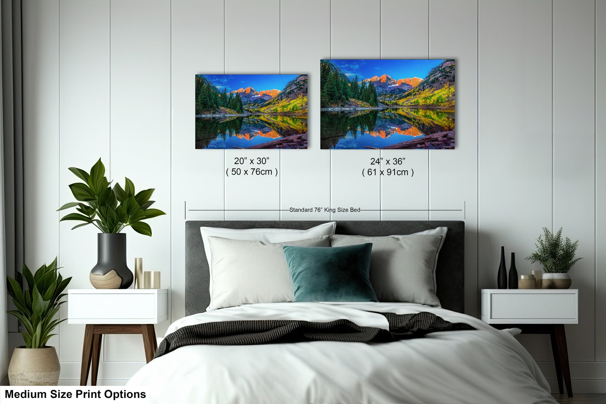 a bed room with a neatly made bed and two paintings on the wall