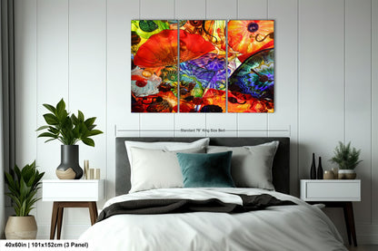 a bed room with a neatly made bed and a painting on the wall