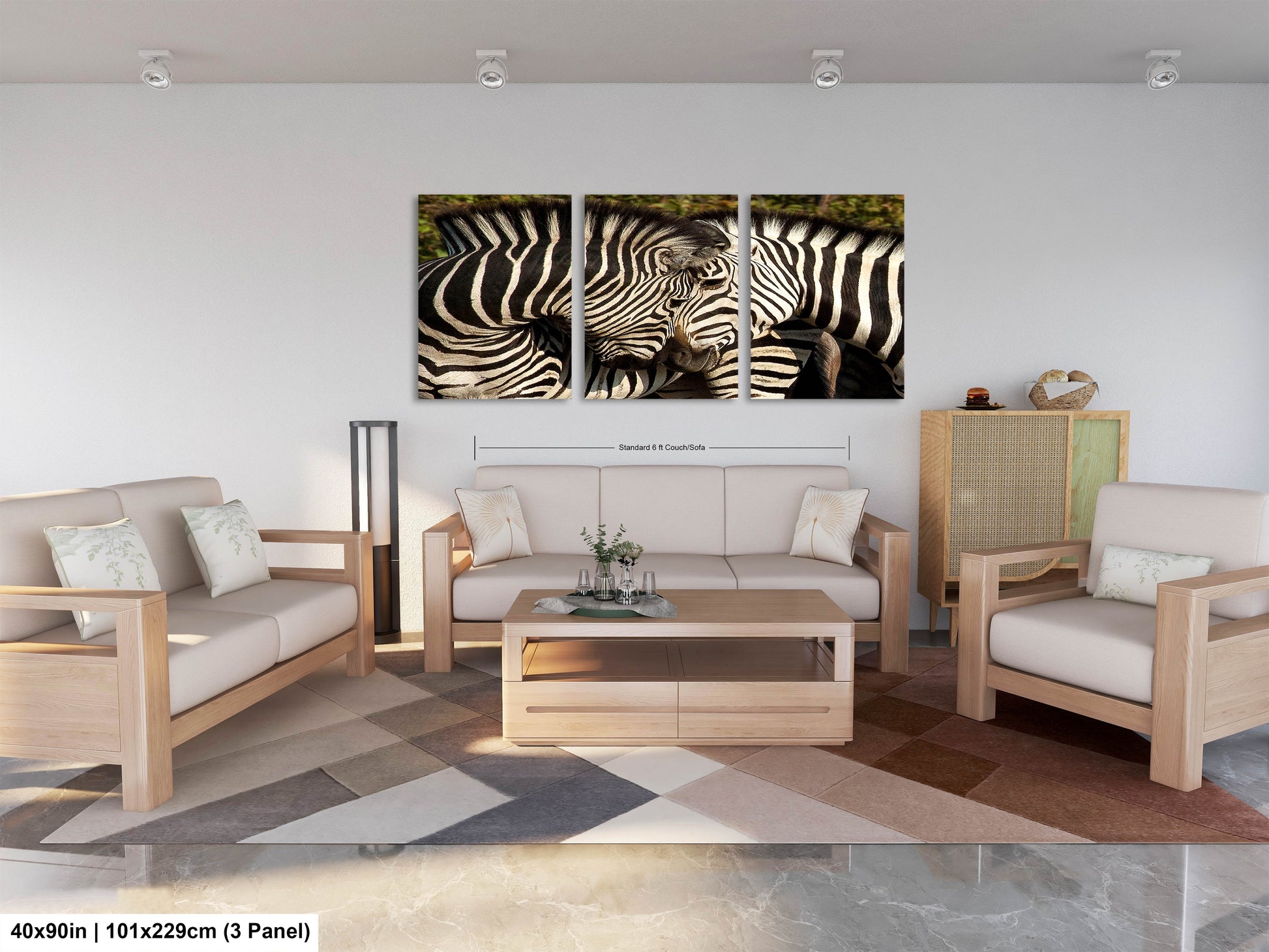 a living room with two zebras standing next to each other
