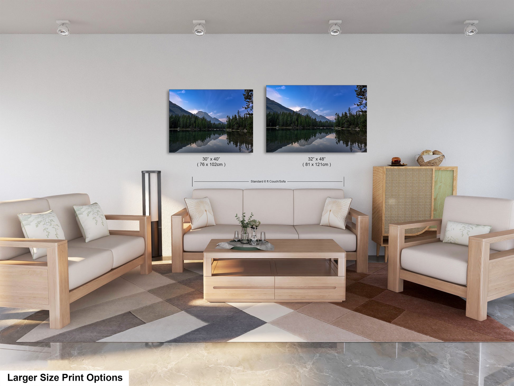 a living room with two pictures on the wall