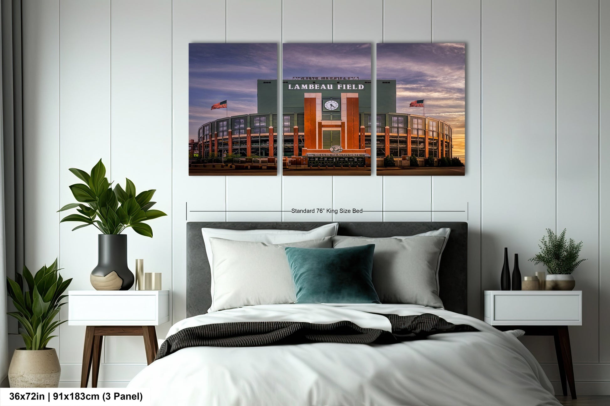 a bed room with a neatly made bed and two paintings on the wall