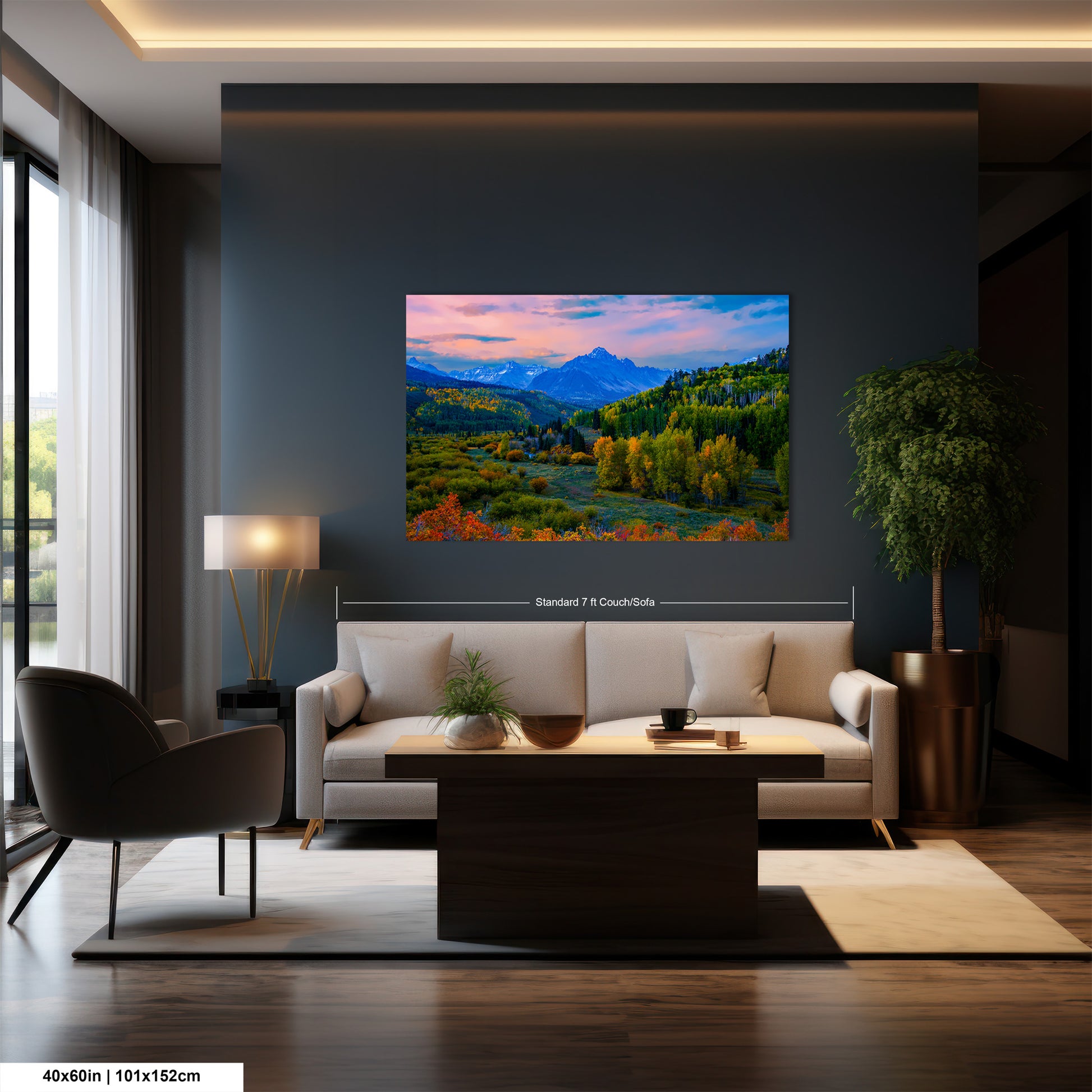 a living room filled with furniture and a painting on the wall