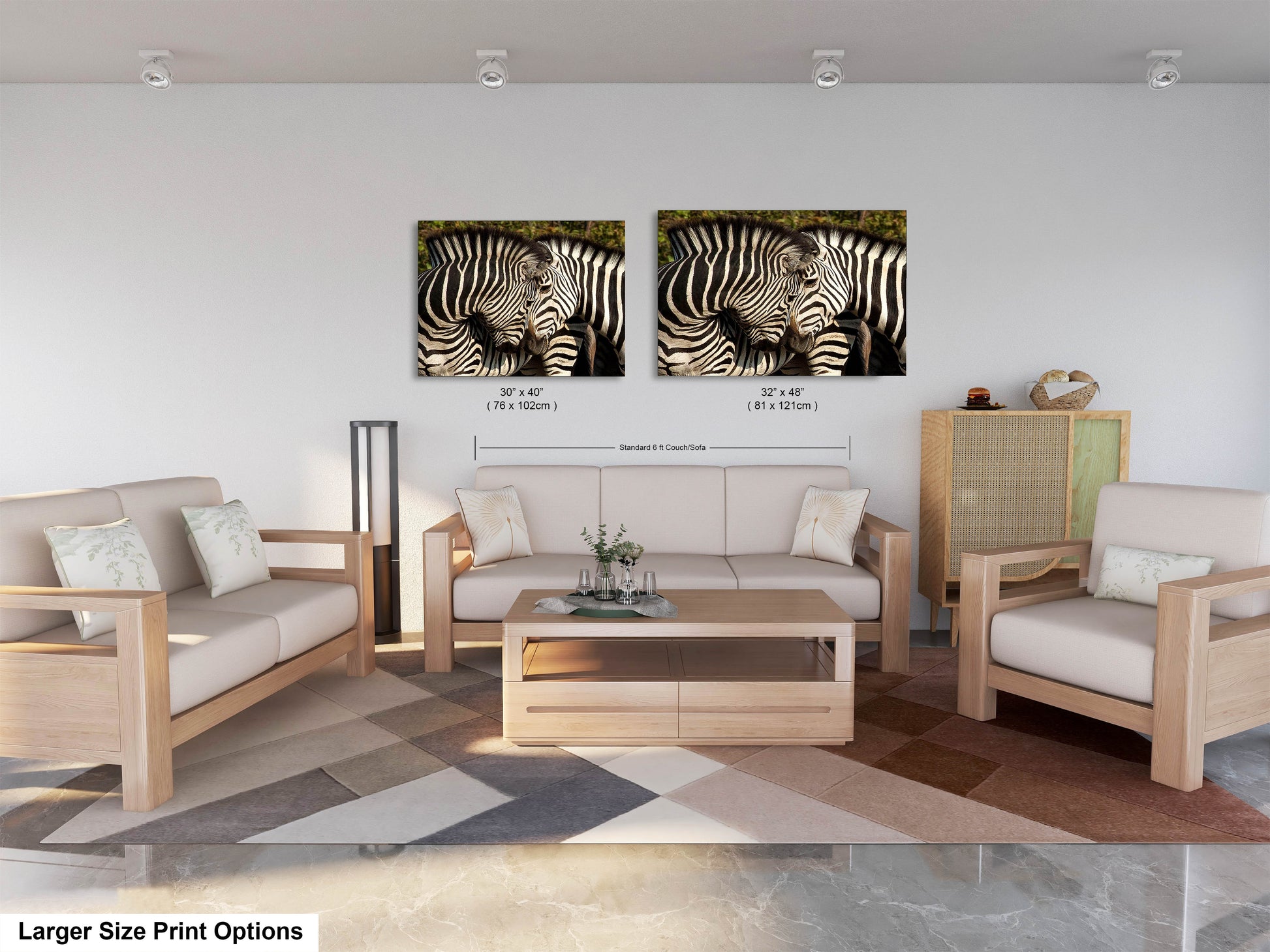 a living room filled with furniture and a zebra painting on the wall