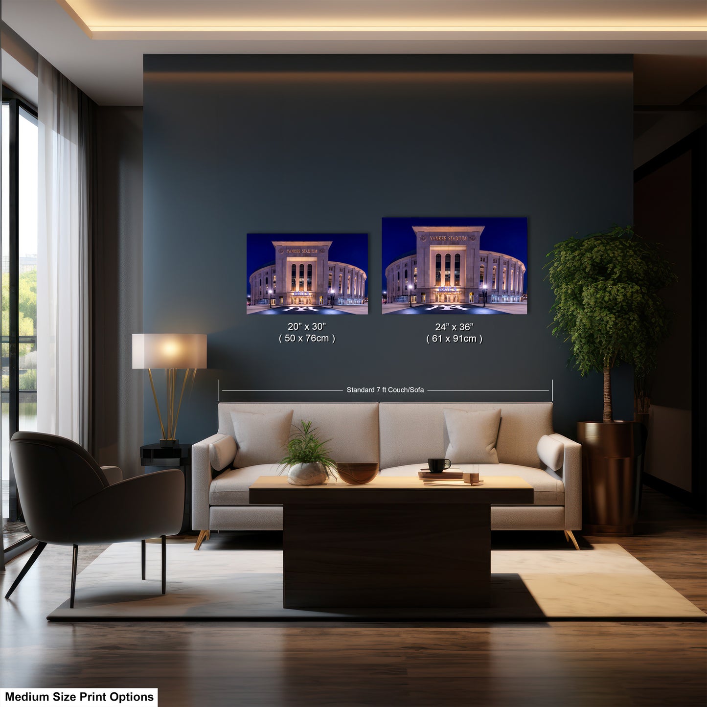 a modern living room with a large sofa, a coffee table, and a lamp. There are two framed pictures of a building on the wall, and the text indicates that the medium size print options are available.