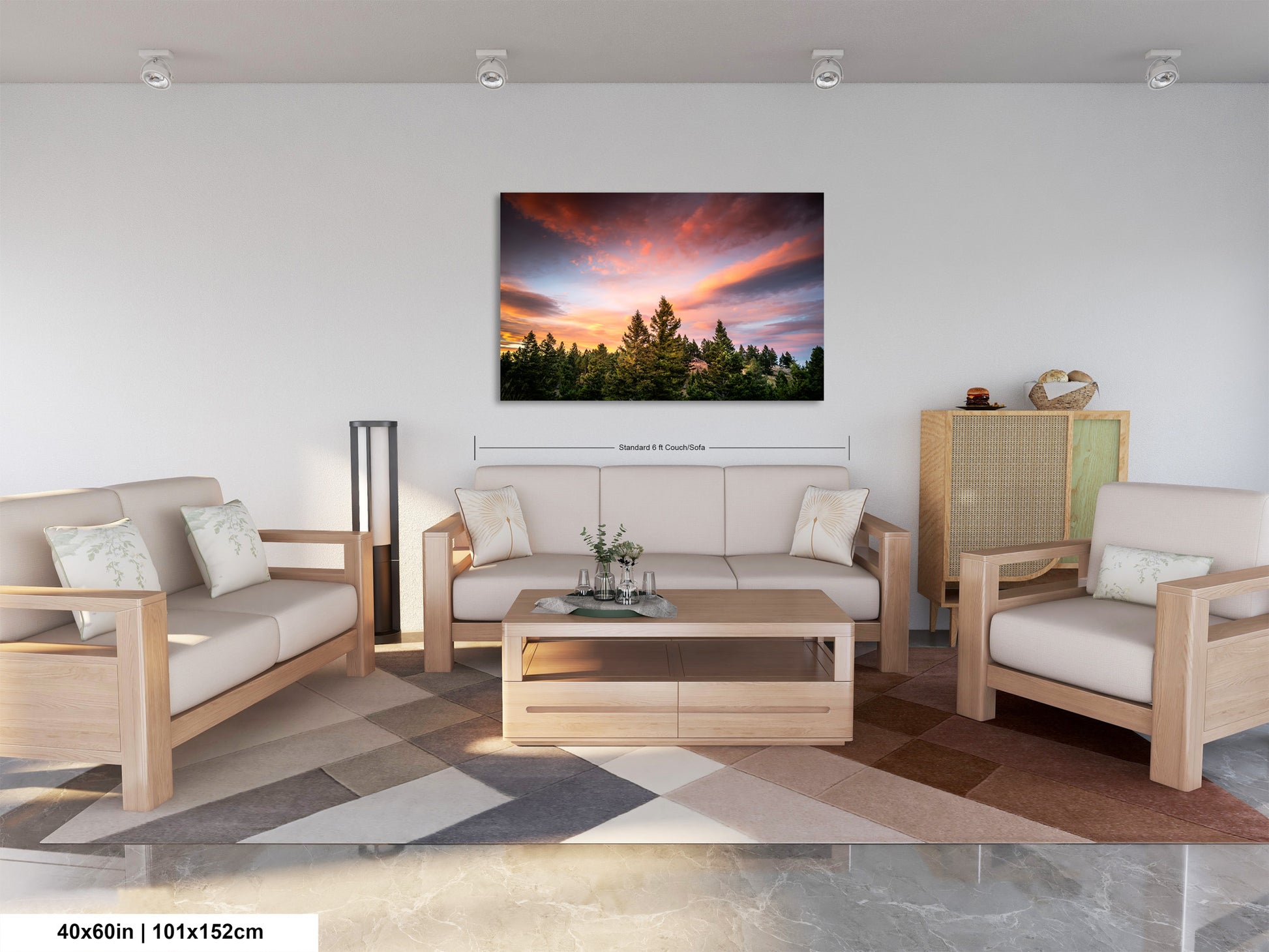 a living room filled with furniture and a painting on the wall