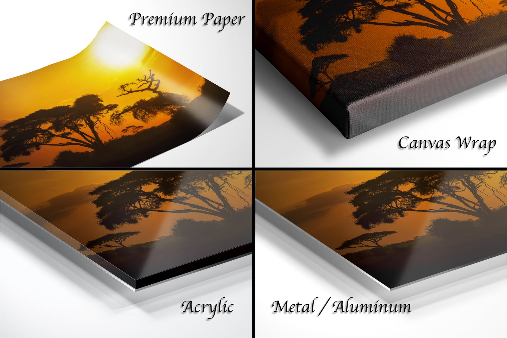 a series of photos of a sunset with trees