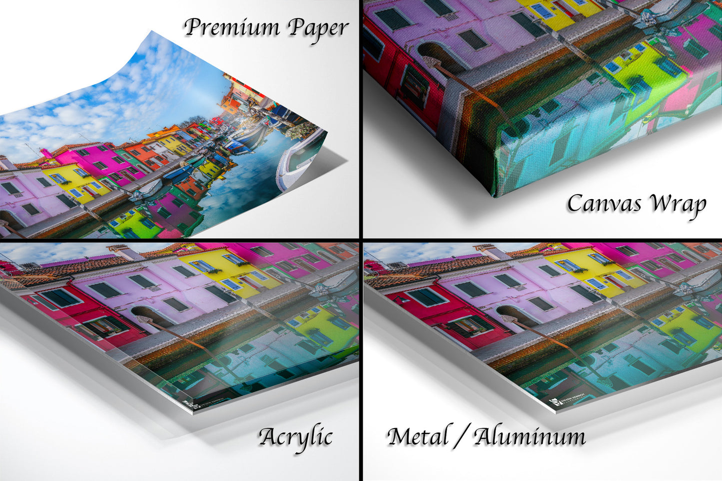 a series of four photos of a colorful building