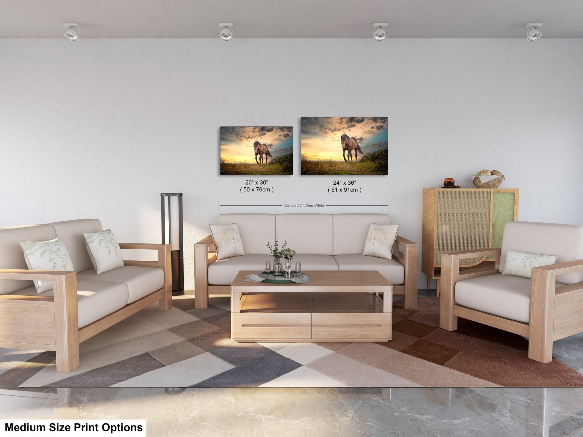 a living room filled with furniture and a painting on the wall