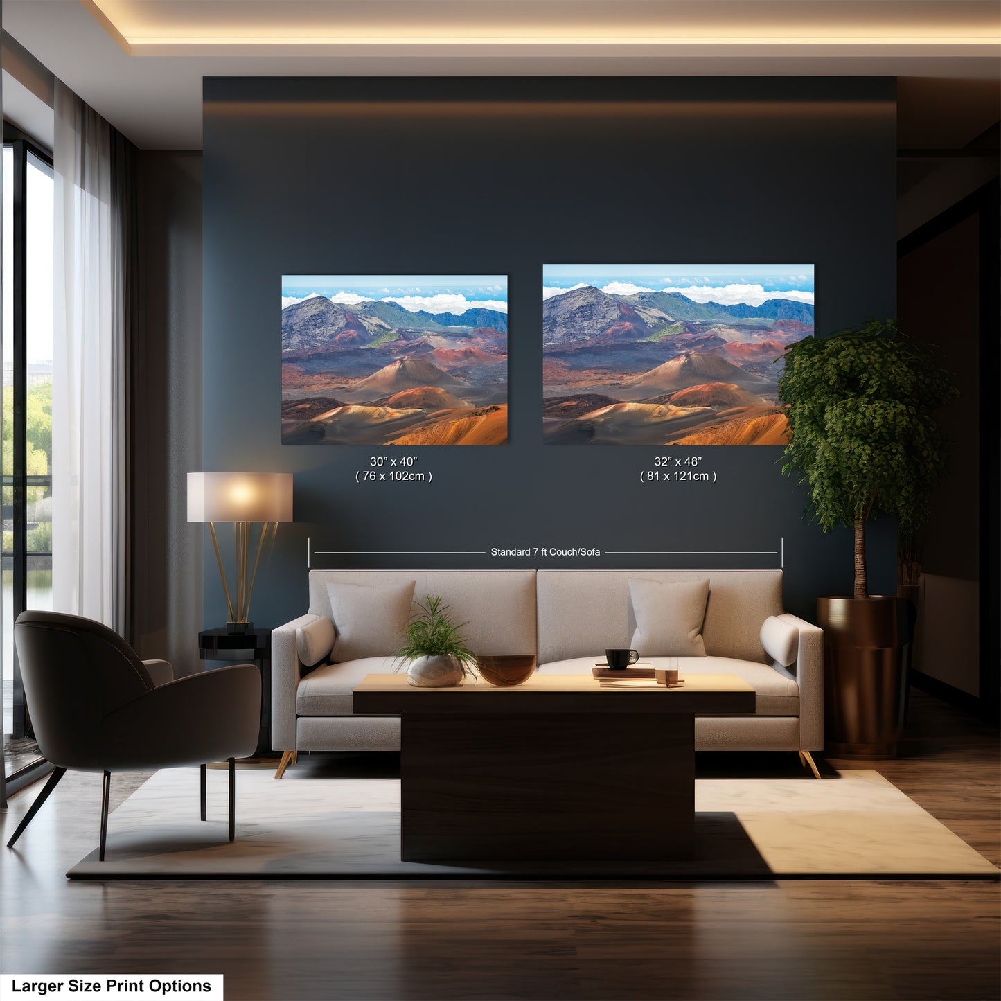 a modern living room with a large sofa, a coffee table, and two framed landscape paintings hanging on the wall.