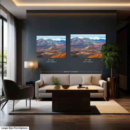a modern living room with a large sofa, a coffee table, and two framed landscape paintings hanging on the wall.