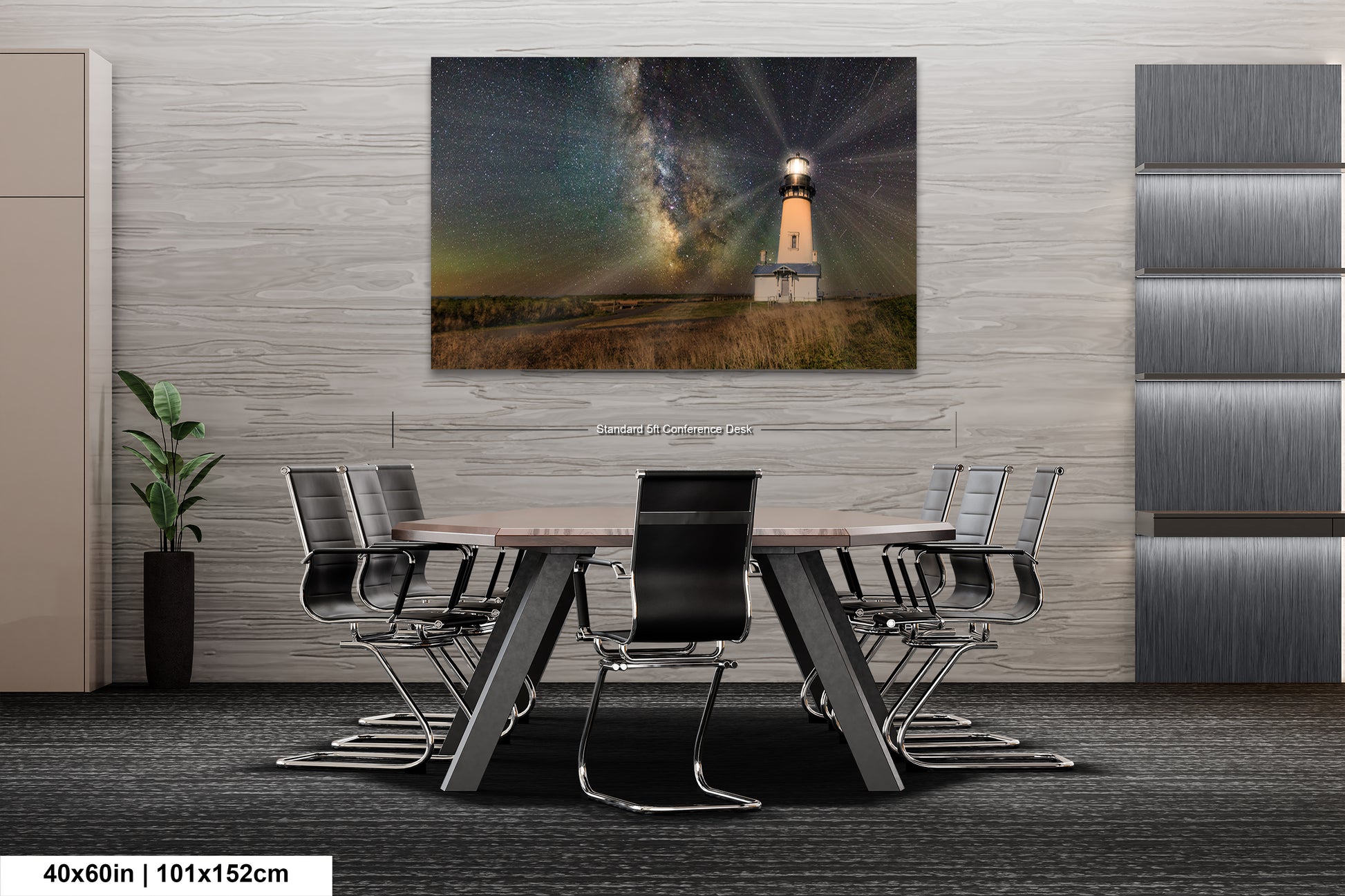 a dining room table with chairs and a painting of a lighthouse