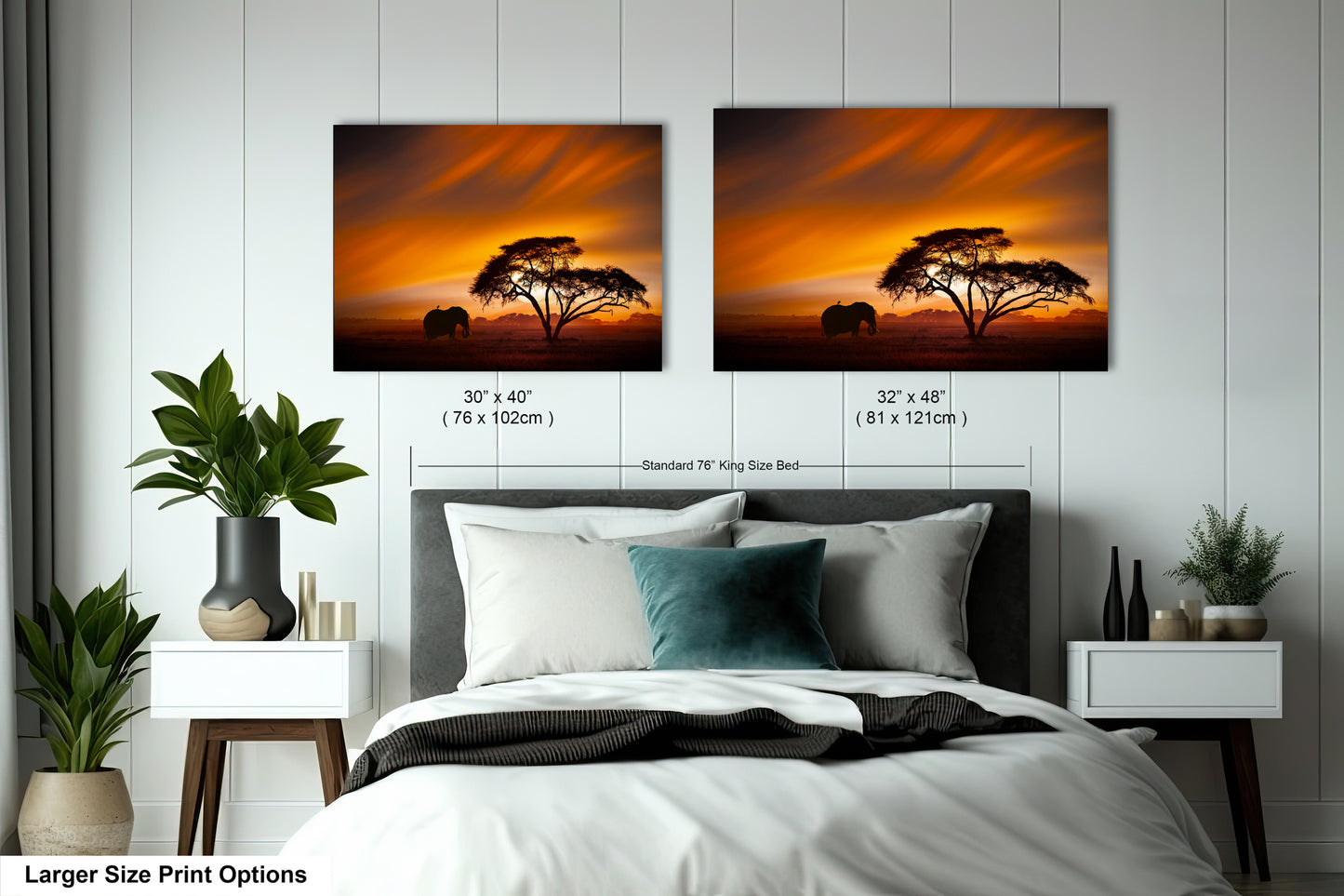 a bedroom with a bed and two pictures on the wall