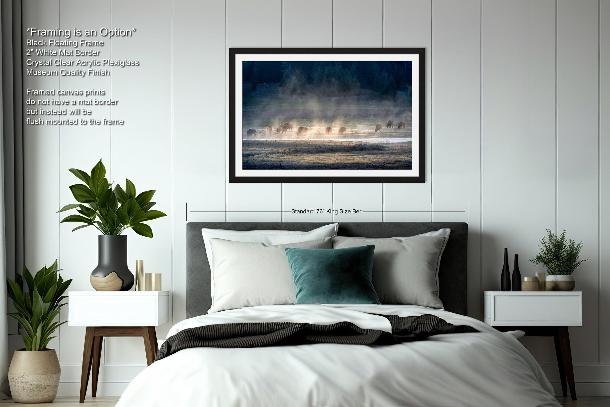 a bedroom with a large bed and a picture on the wall