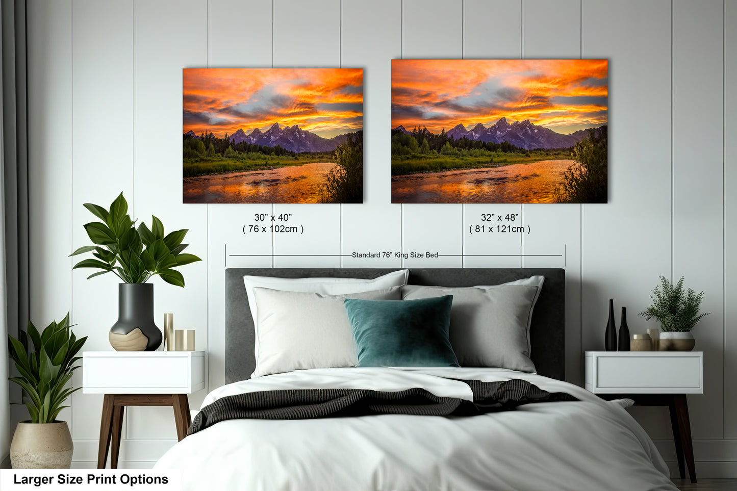 a bedroom with a bed and two pictures on the wall