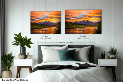 a bedroom with a bed and two pictures on the wall