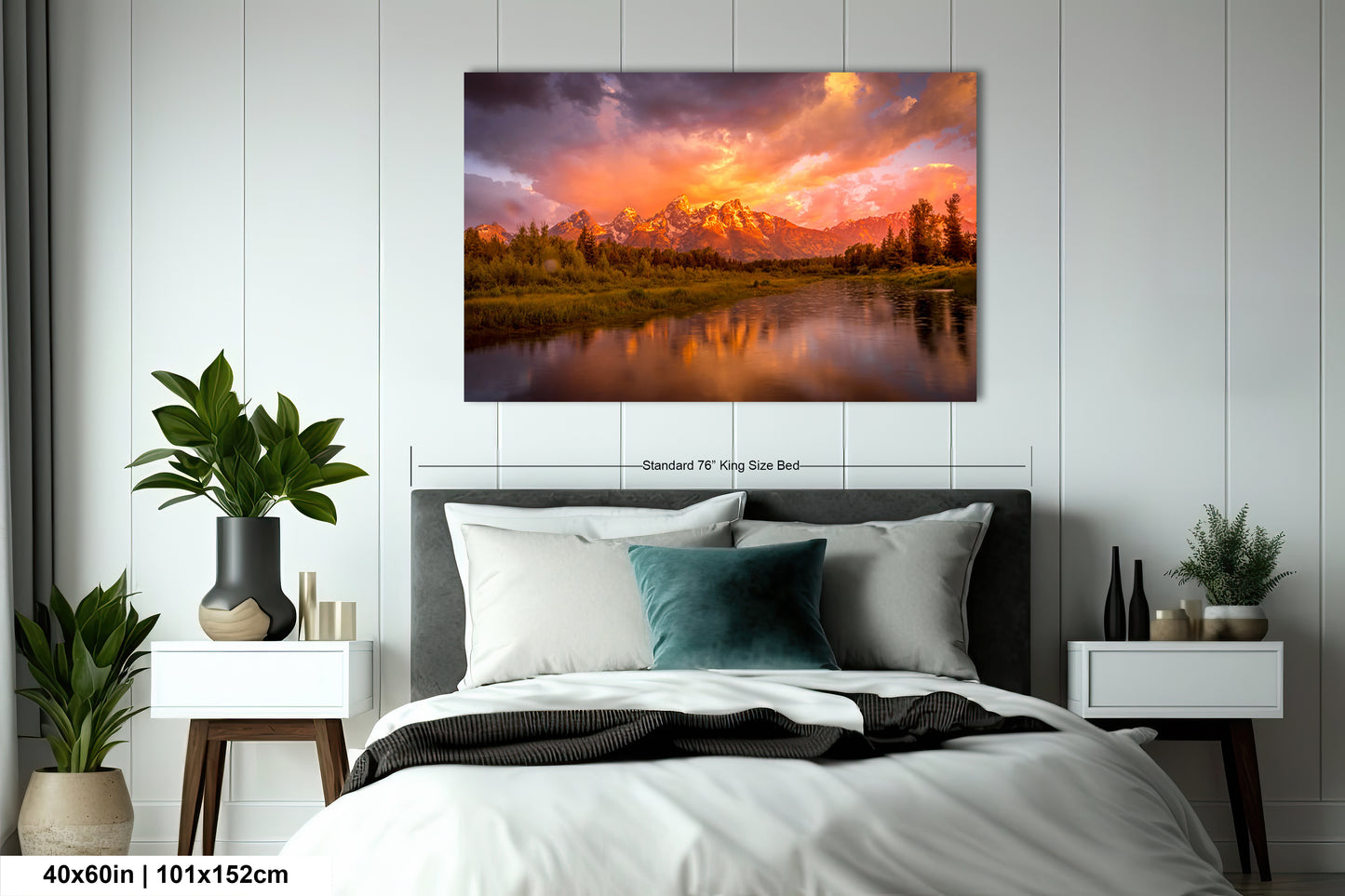 a bedroom with a bed and a painting on the wall
