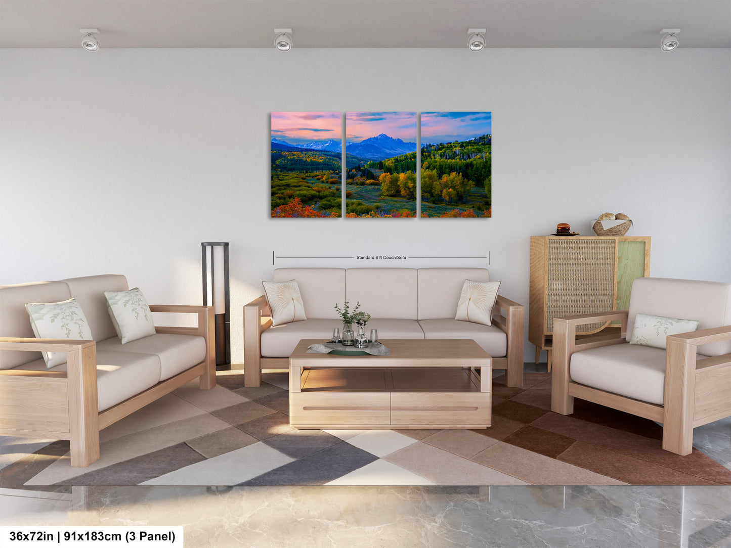 a living room filled with furniture and a painting on the wall