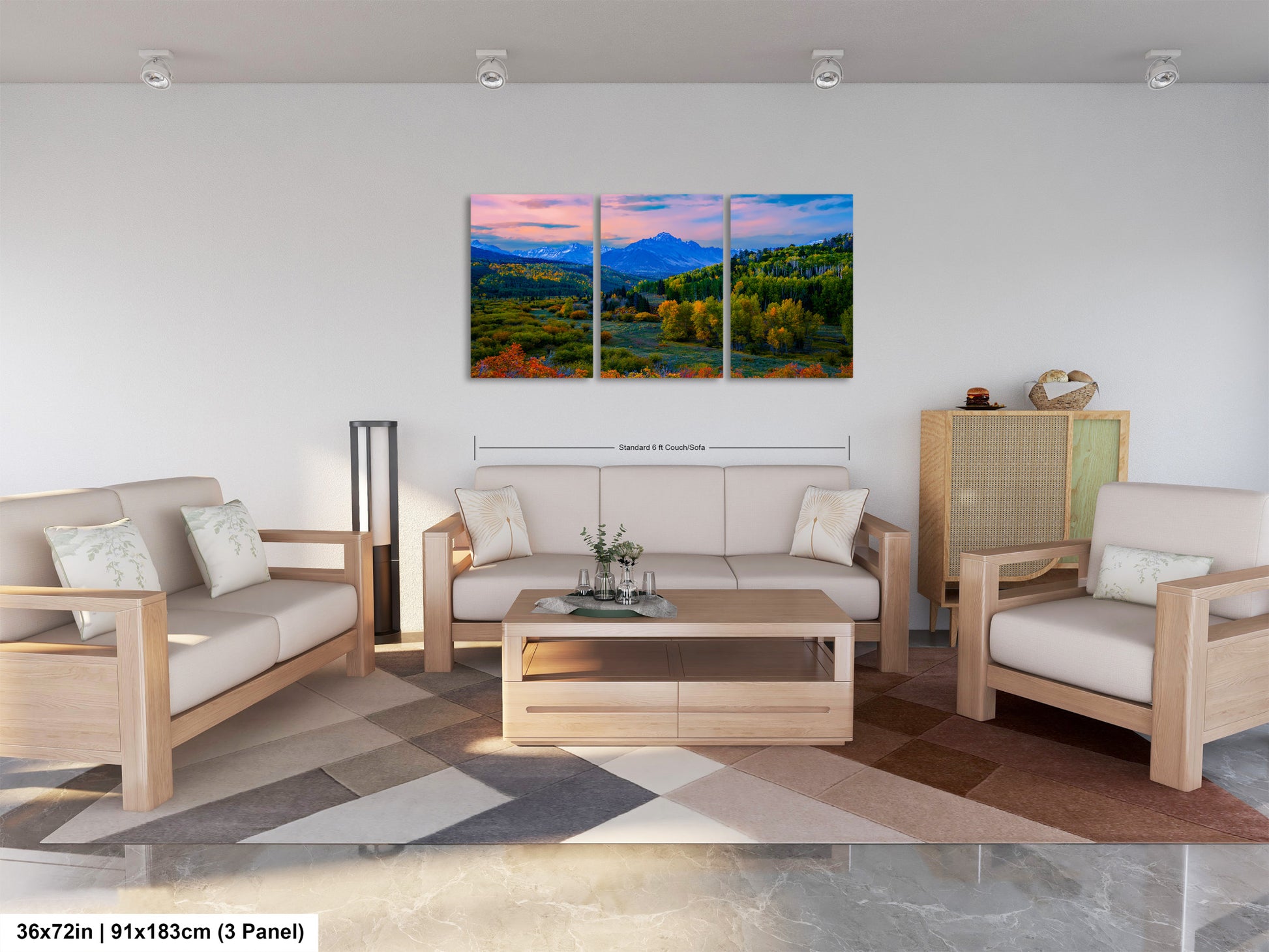 a living room filled with furniture and a painting on the wall
