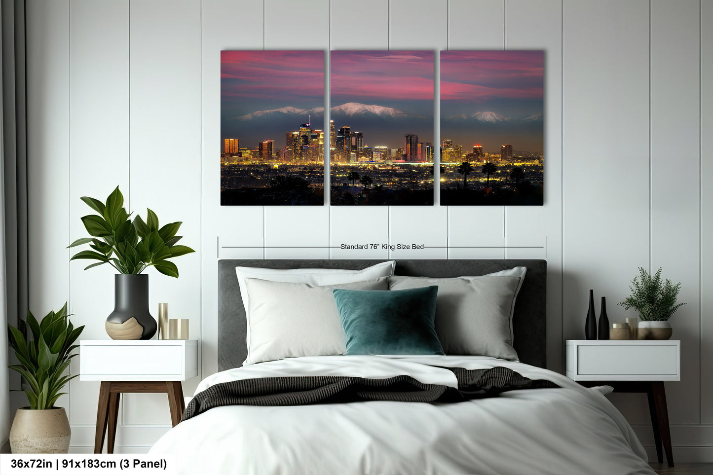 a bedroom with a large bed and a cityscape in the background
