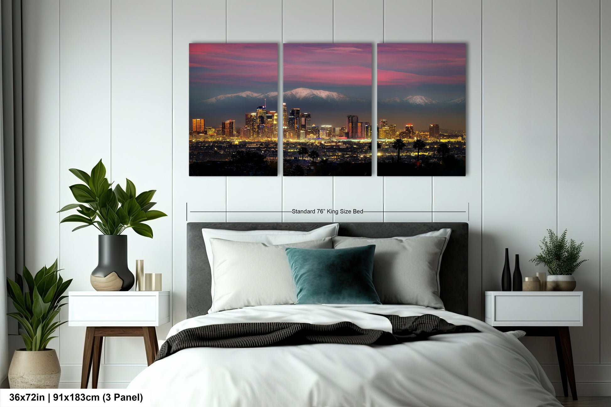 a bedroom with a large bed and a cityscape in the background
