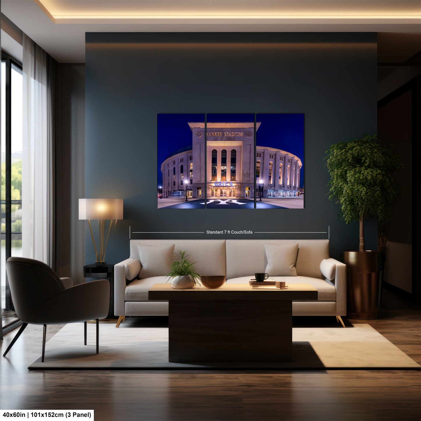 A modern living room with a large, illuminated photograph of Yankee Stadium in New York City hanging on the wall.