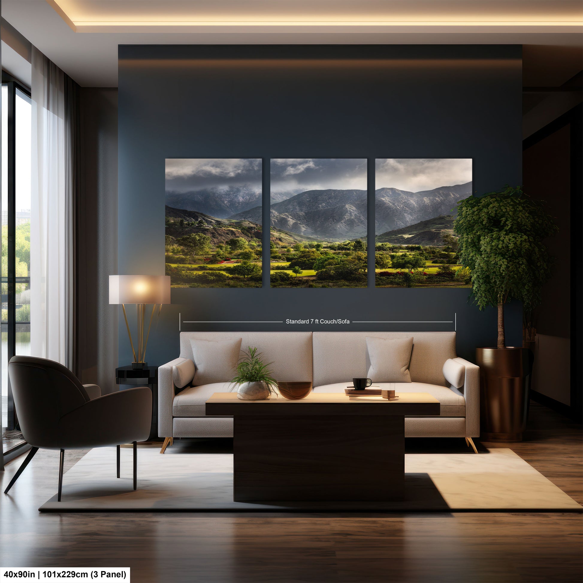 a living room filled with furniture and a painting on the wall