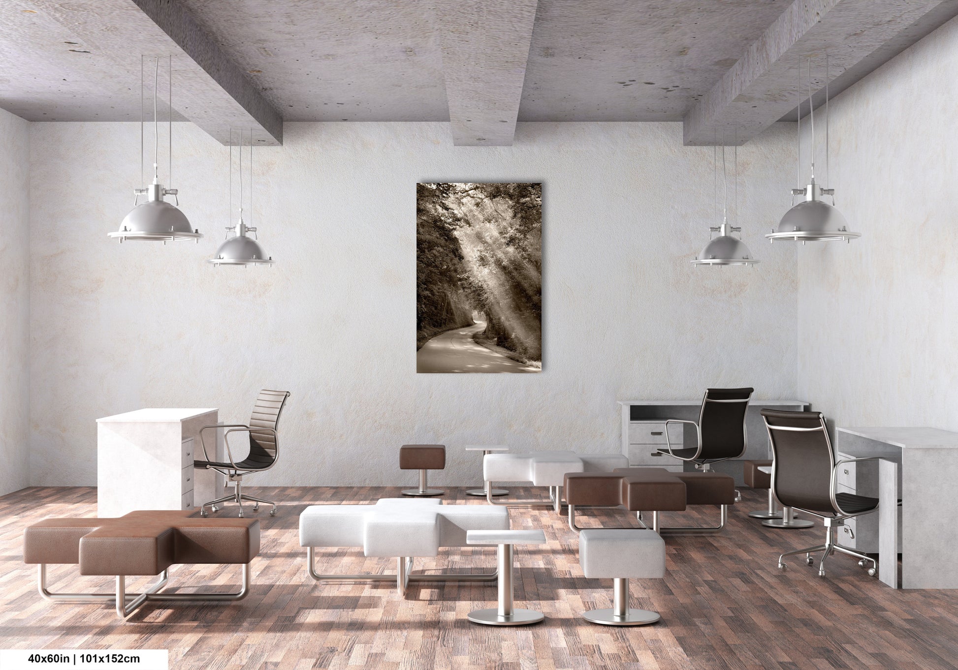 a room with a lot of chairs and a painting on the wall