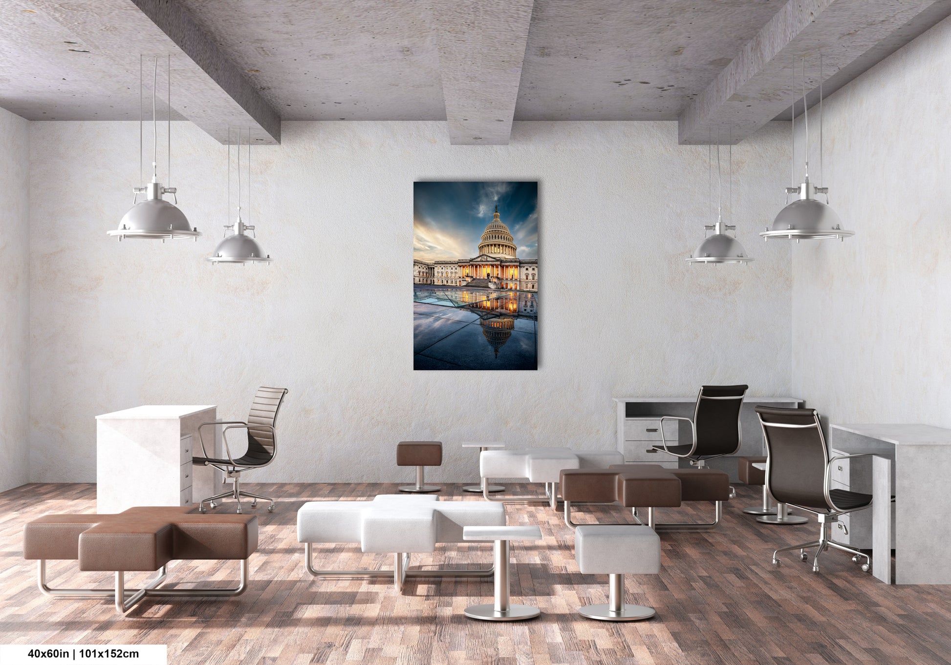 a room with a lot of chairs and a painting on the wall