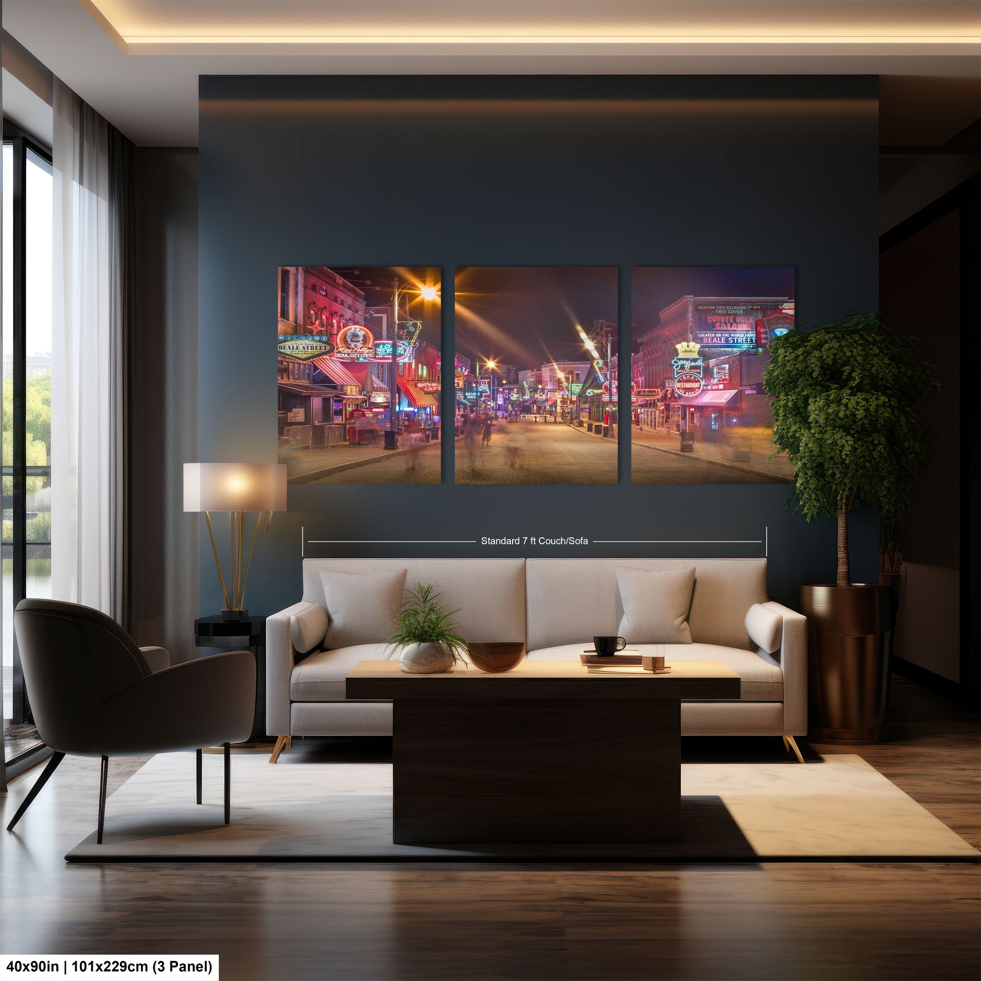 a living room filled with furniture and a painting on the wall