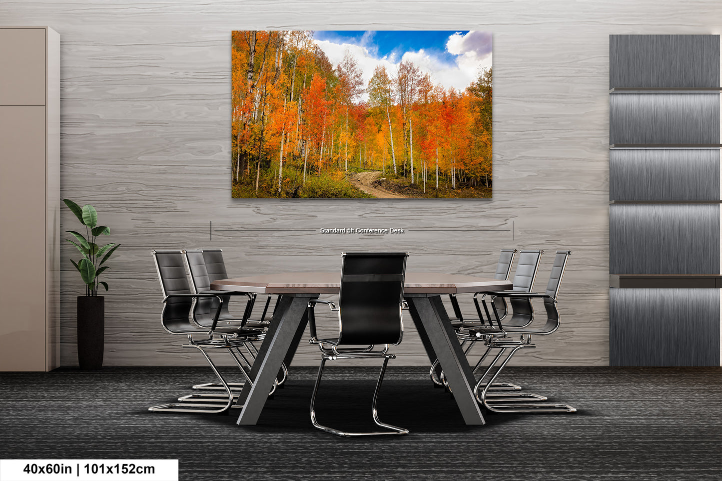 a dining room table with chairs and a painting on the wall