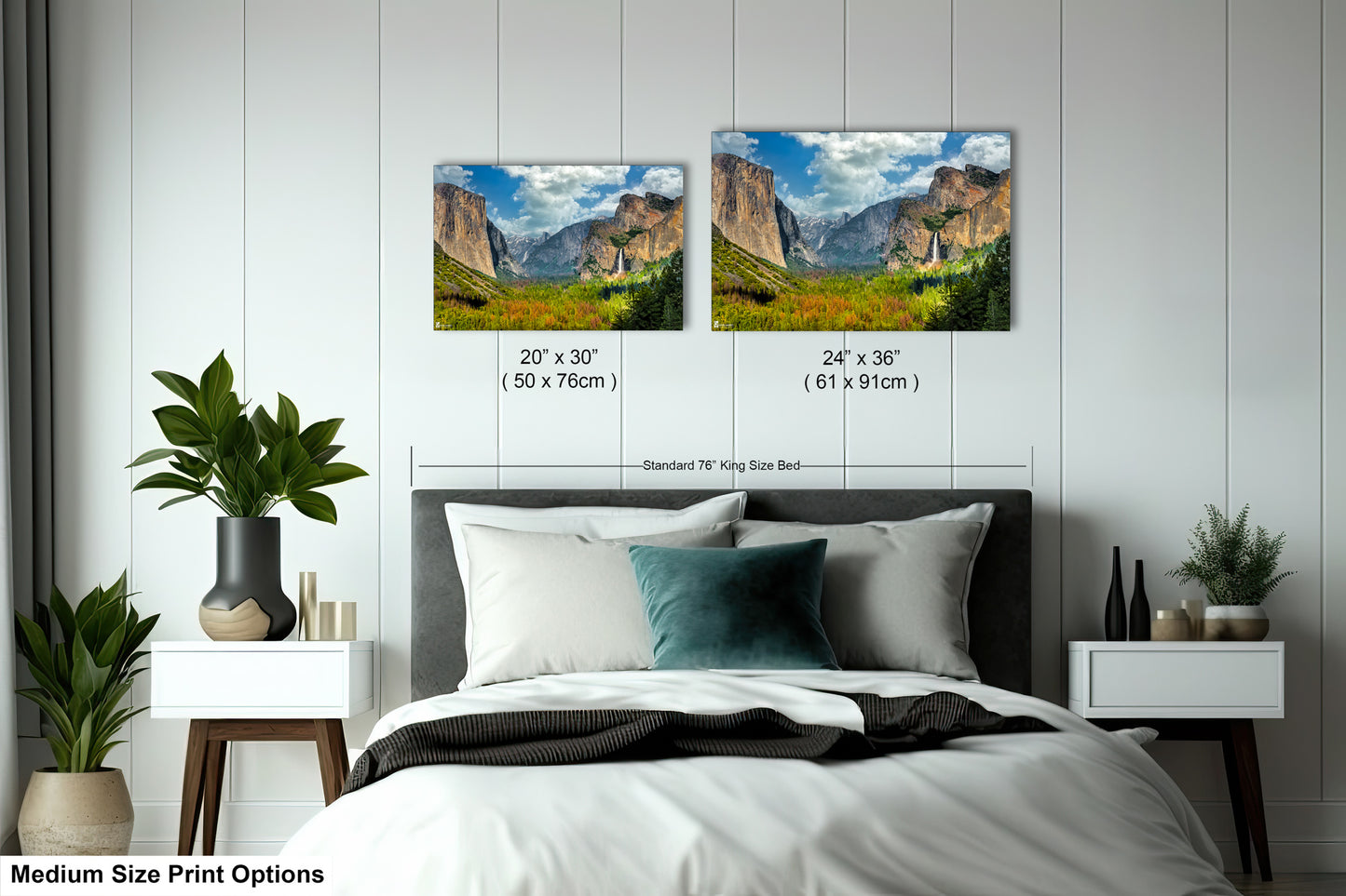 a bed room with a neatly made bed and two pictures on the wall