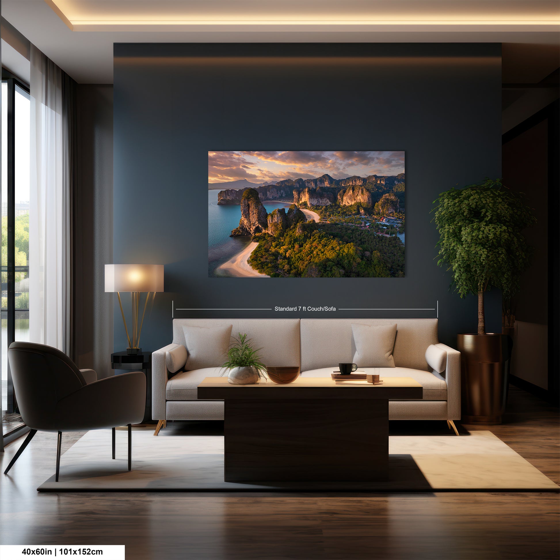 a living room with a large painting on the wall