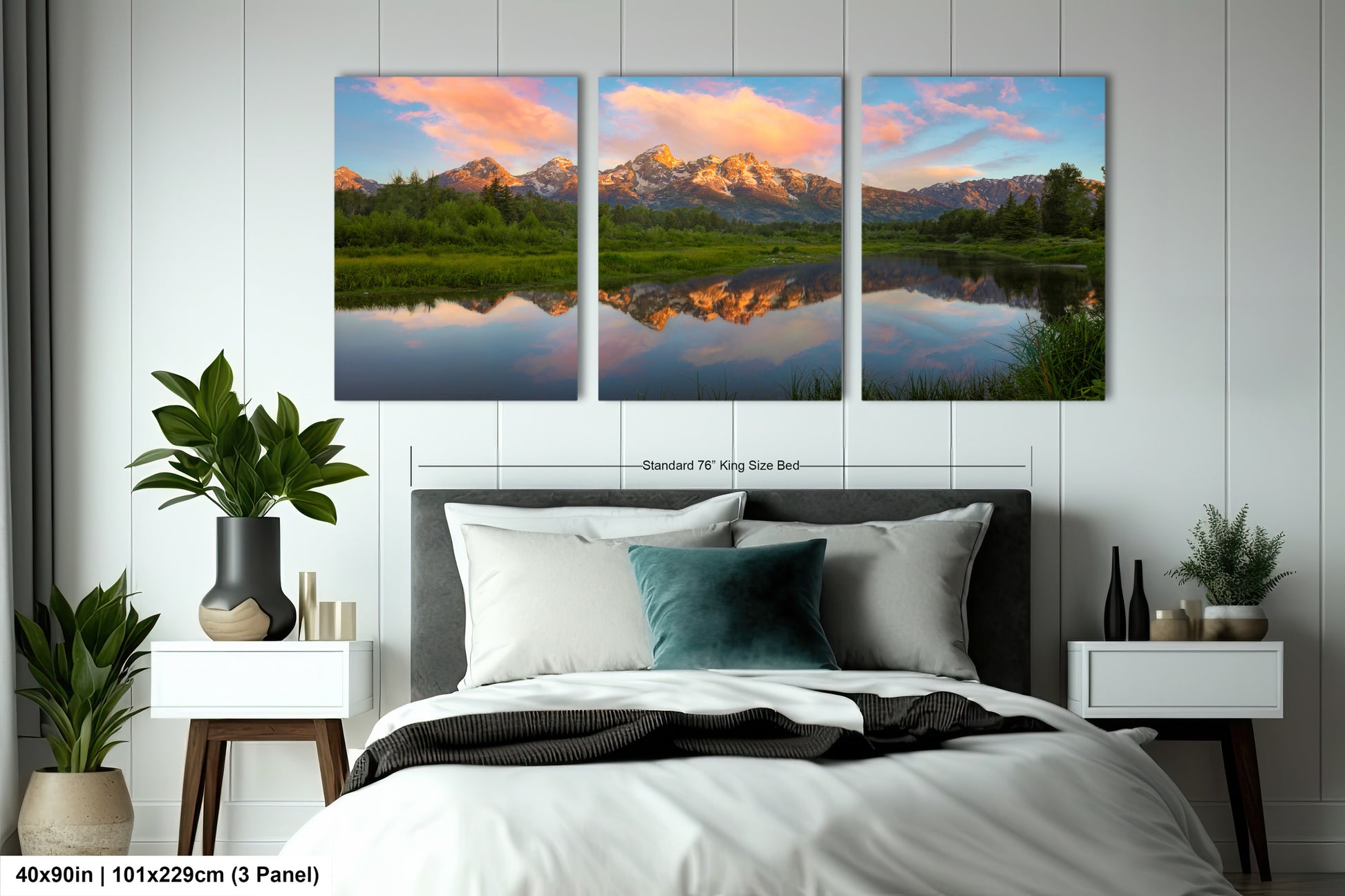 a bedroom scene with a bed and two paintings on the wall