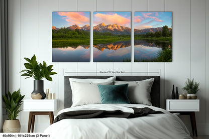a bedroom scene with a bed and two paintings on the wall