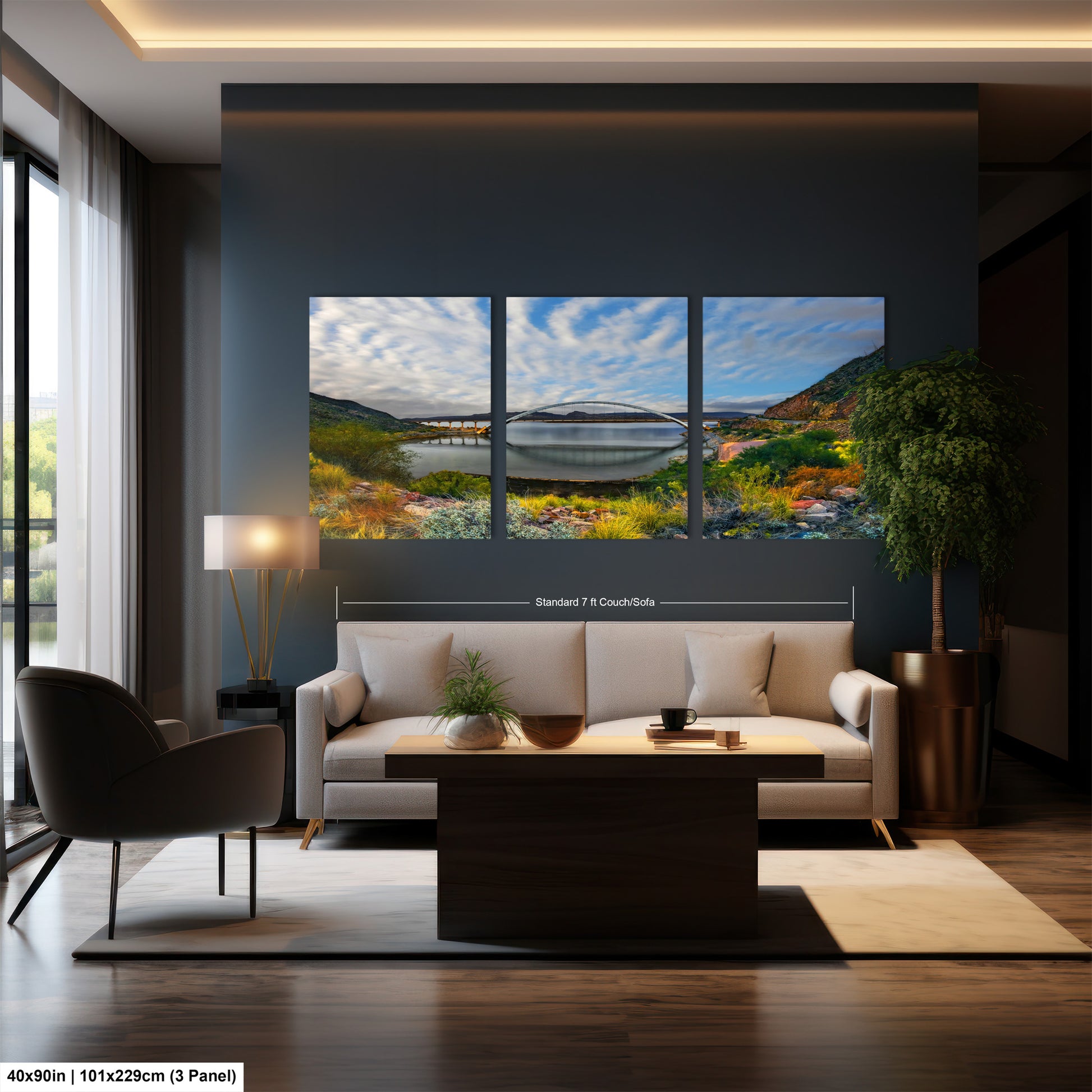 a living room with a couch and a painting on the wall