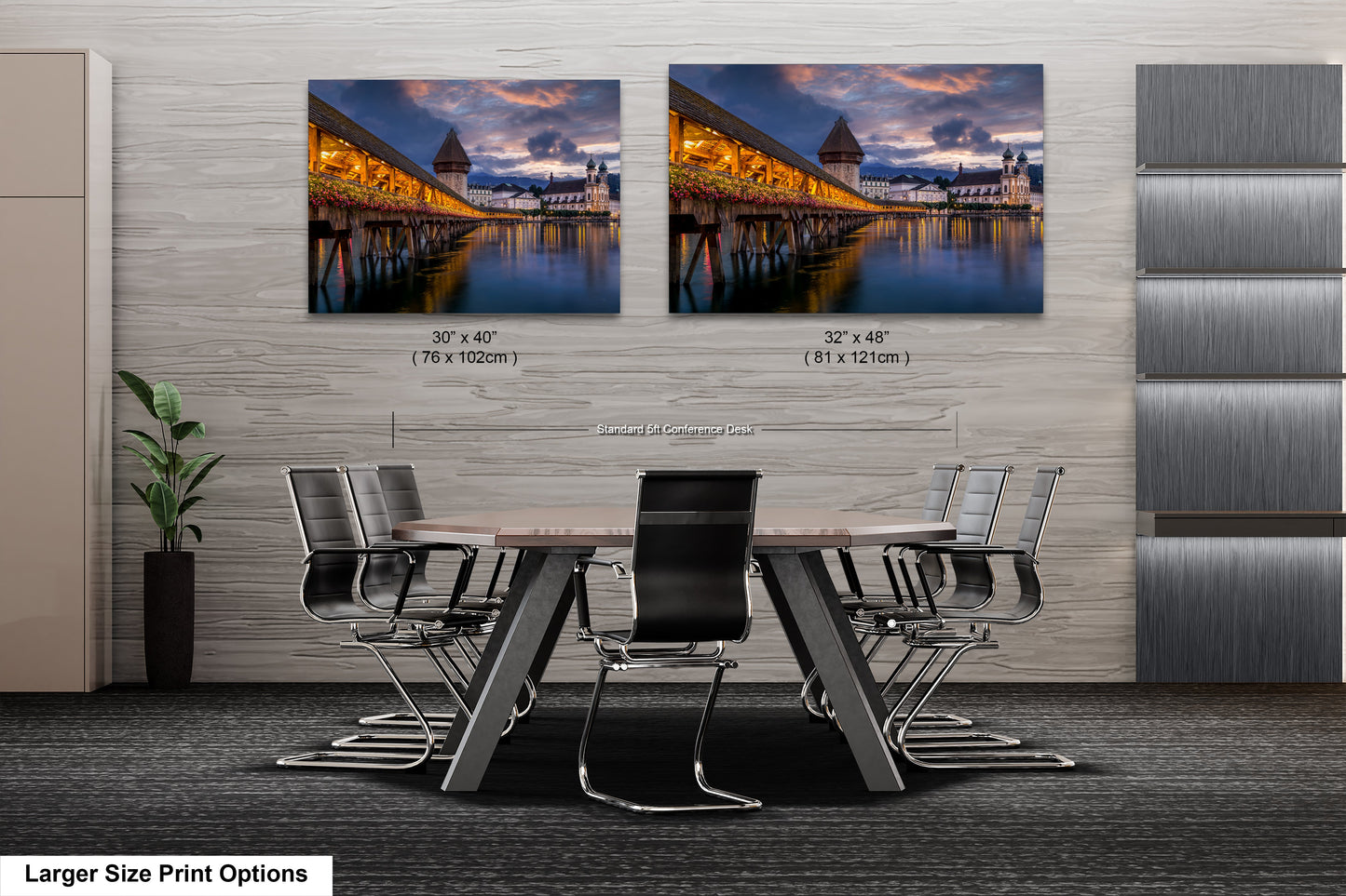 a dining room table with chairs in front of two pictures of a bridge