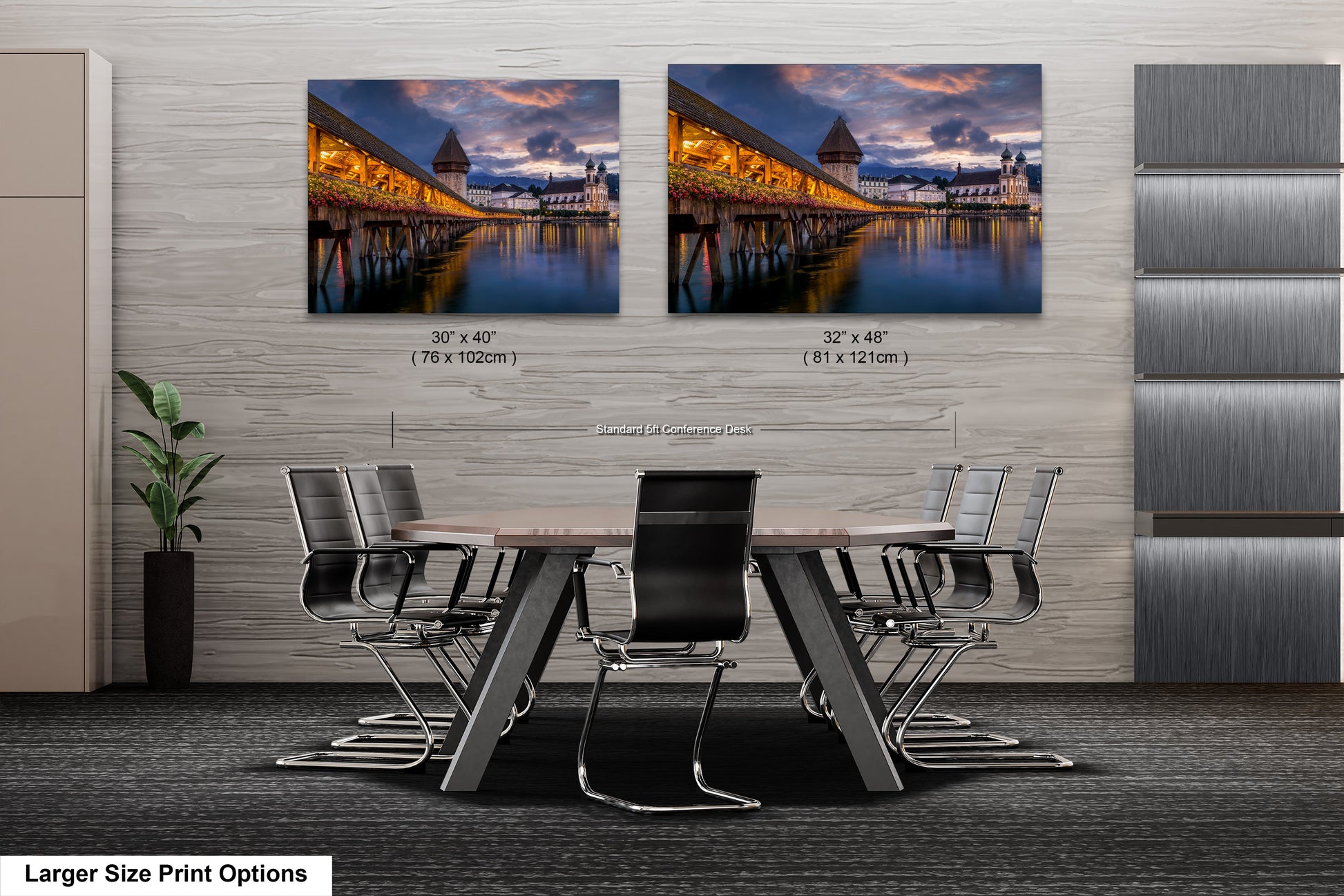 a dining room table with chairs in front of two pictures of a bridge