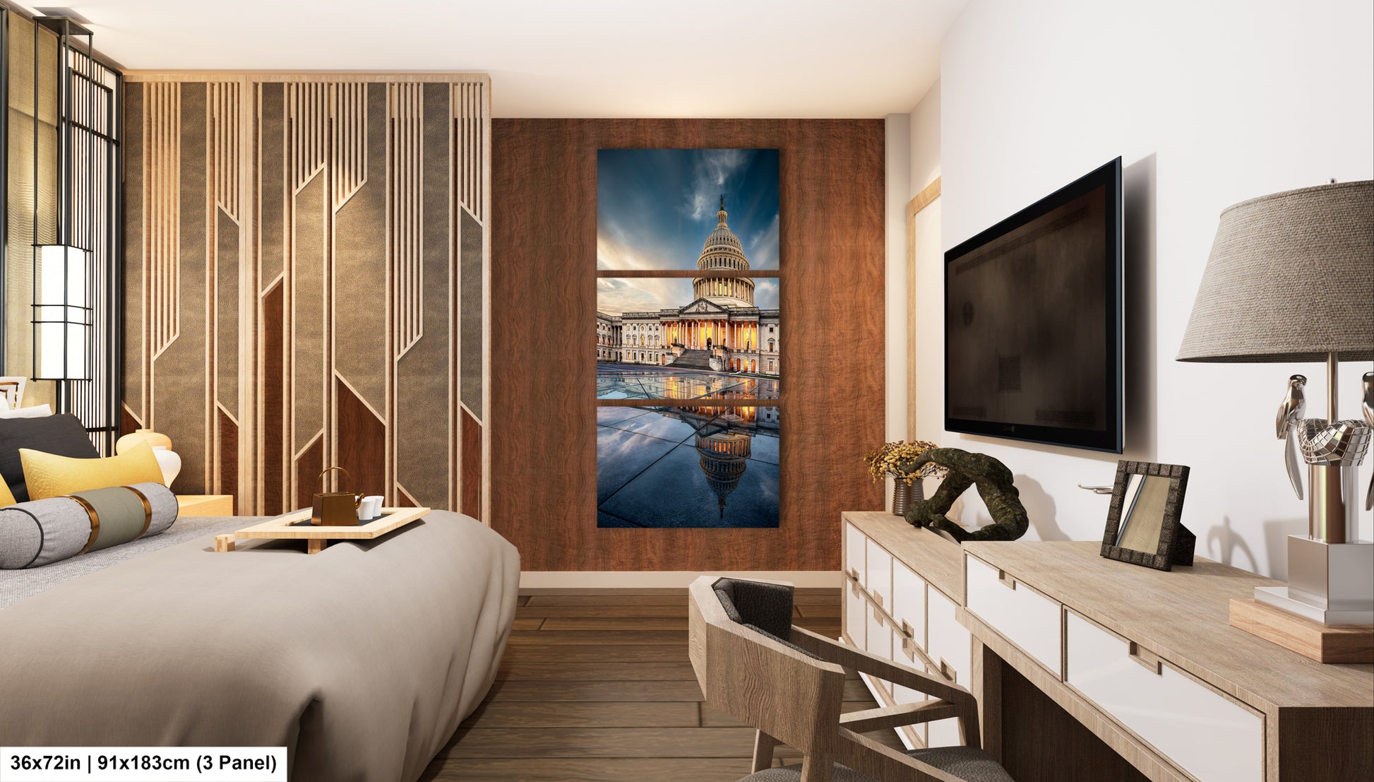 a bedroom with a large painting on the wall
