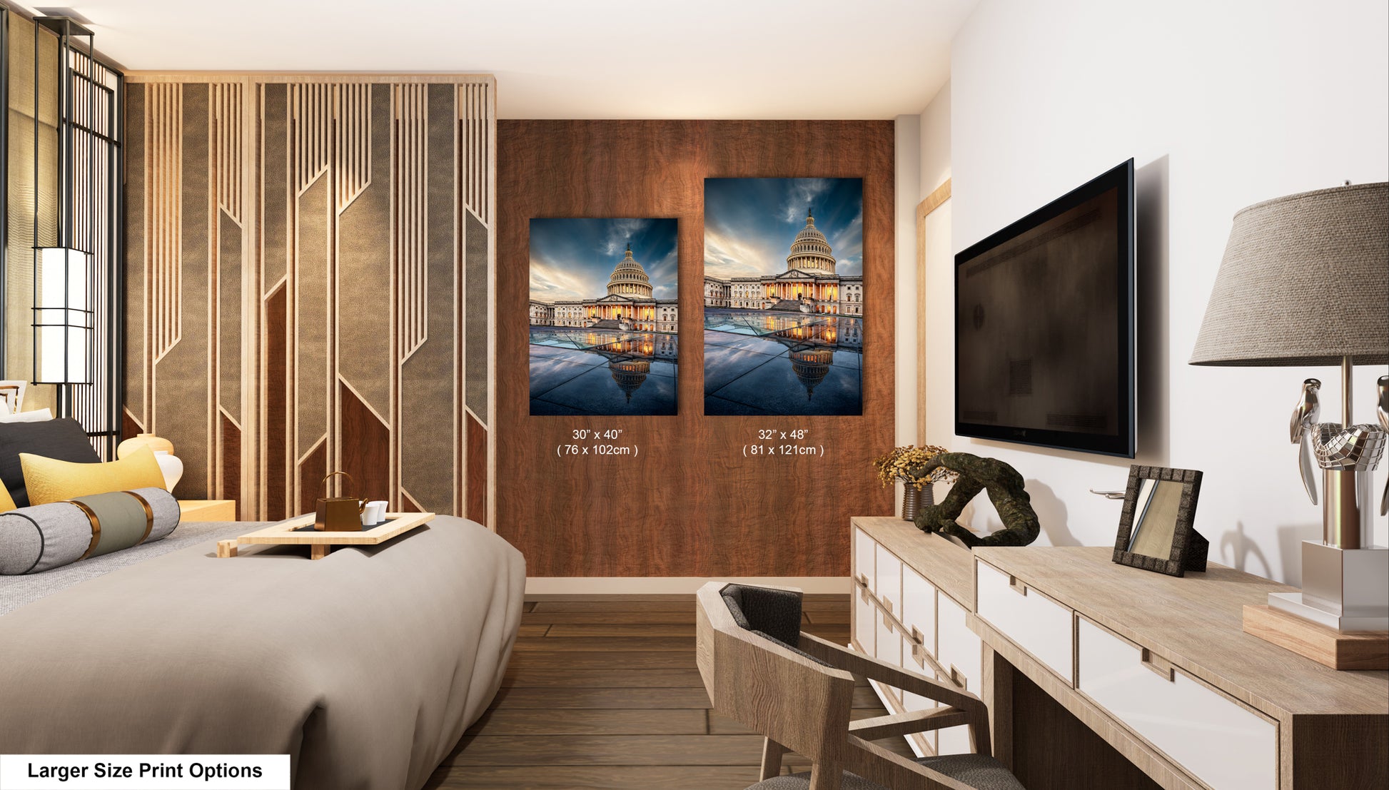 a bed room with a neatly made bed and a flat screen tv