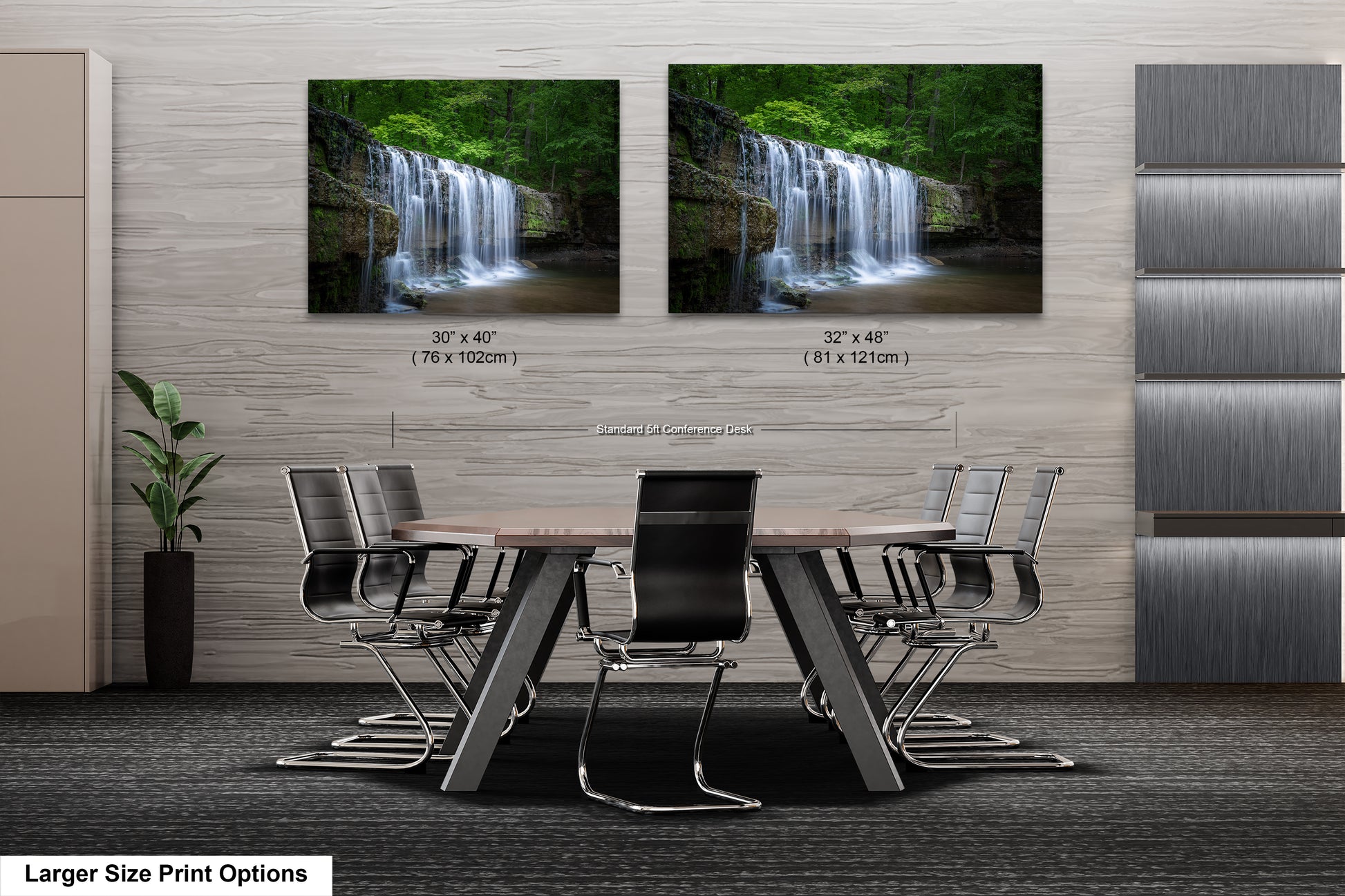 a dining room table with chairs in front of a waterfall