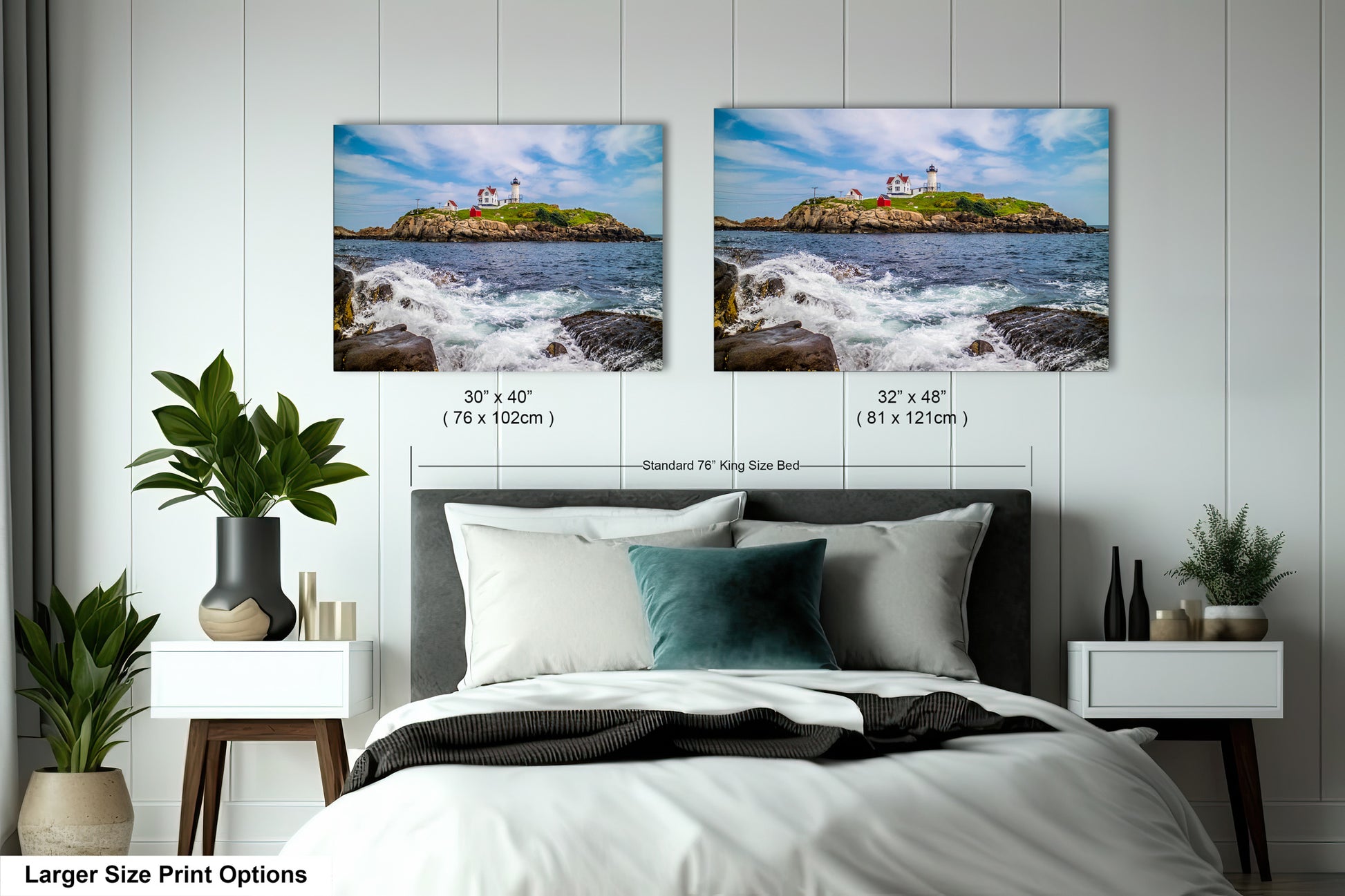 a bedroom with a bed and two pictures on the wall