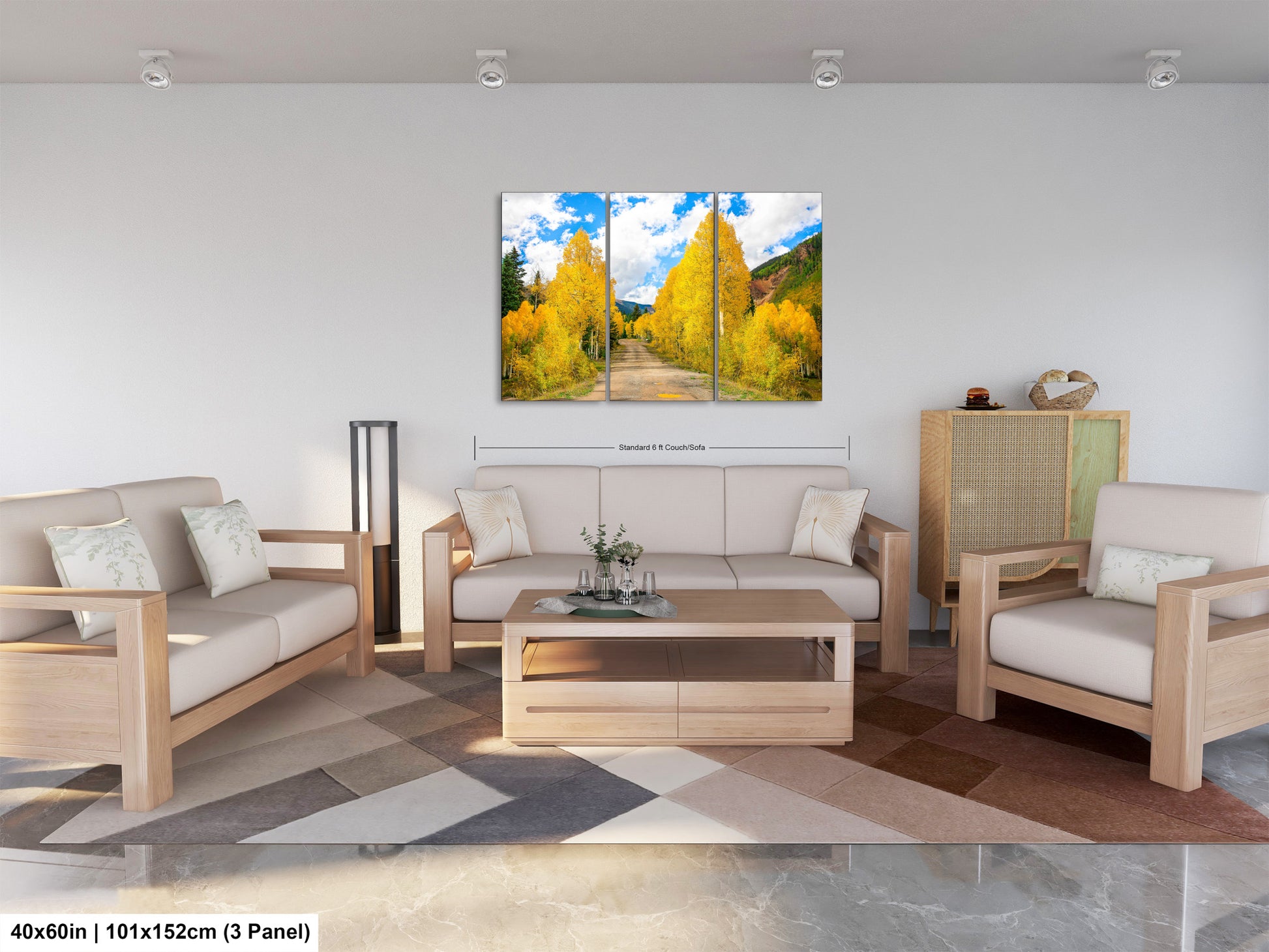 a living room filled with furniture and a painting on the wall