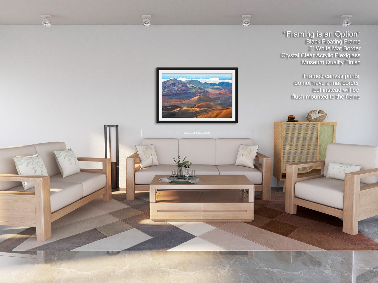 a modern living room with a large framed landscape painting hanging on the wall. The room is furnished with a sofa, two armchairs, and a coffee table, creating a comfortable and inviting atmosphere.