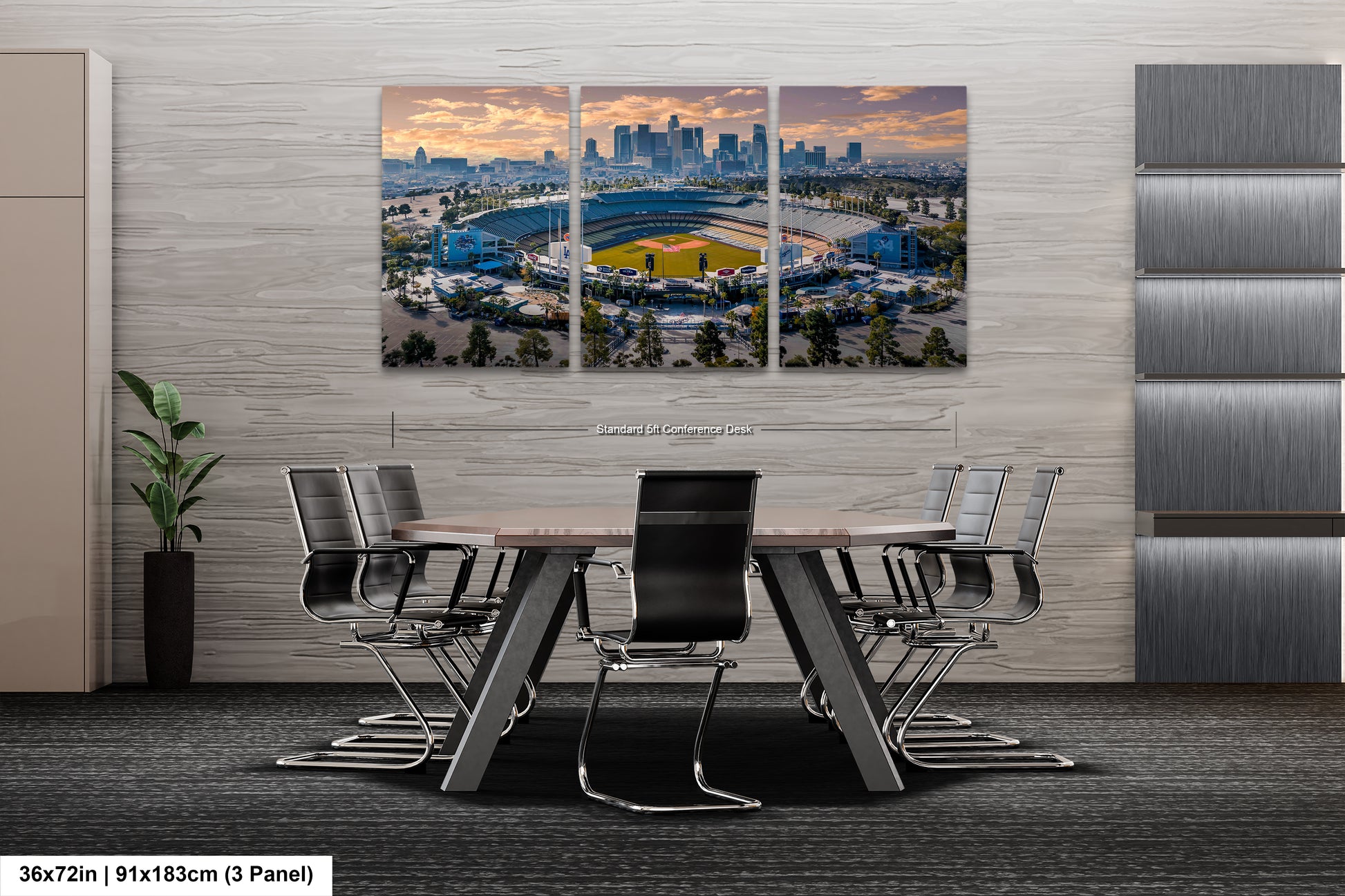 a dining room table with a view of a baseball stadium