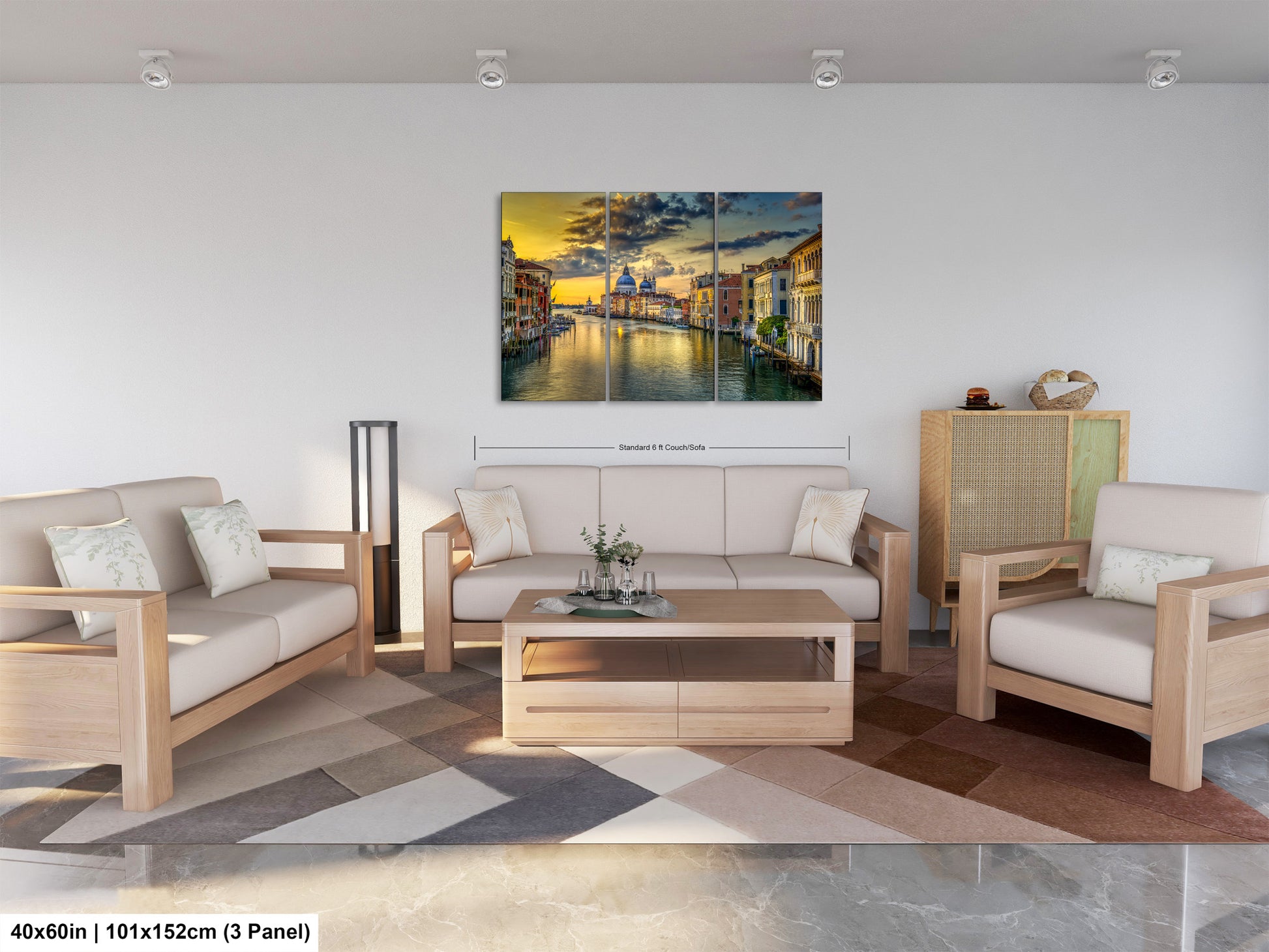 a living room filled with furniture and a painting on the wall