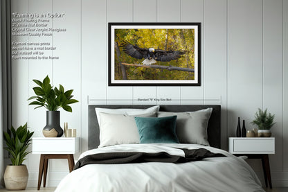 a large bird is sitting on a branch in a bedroom