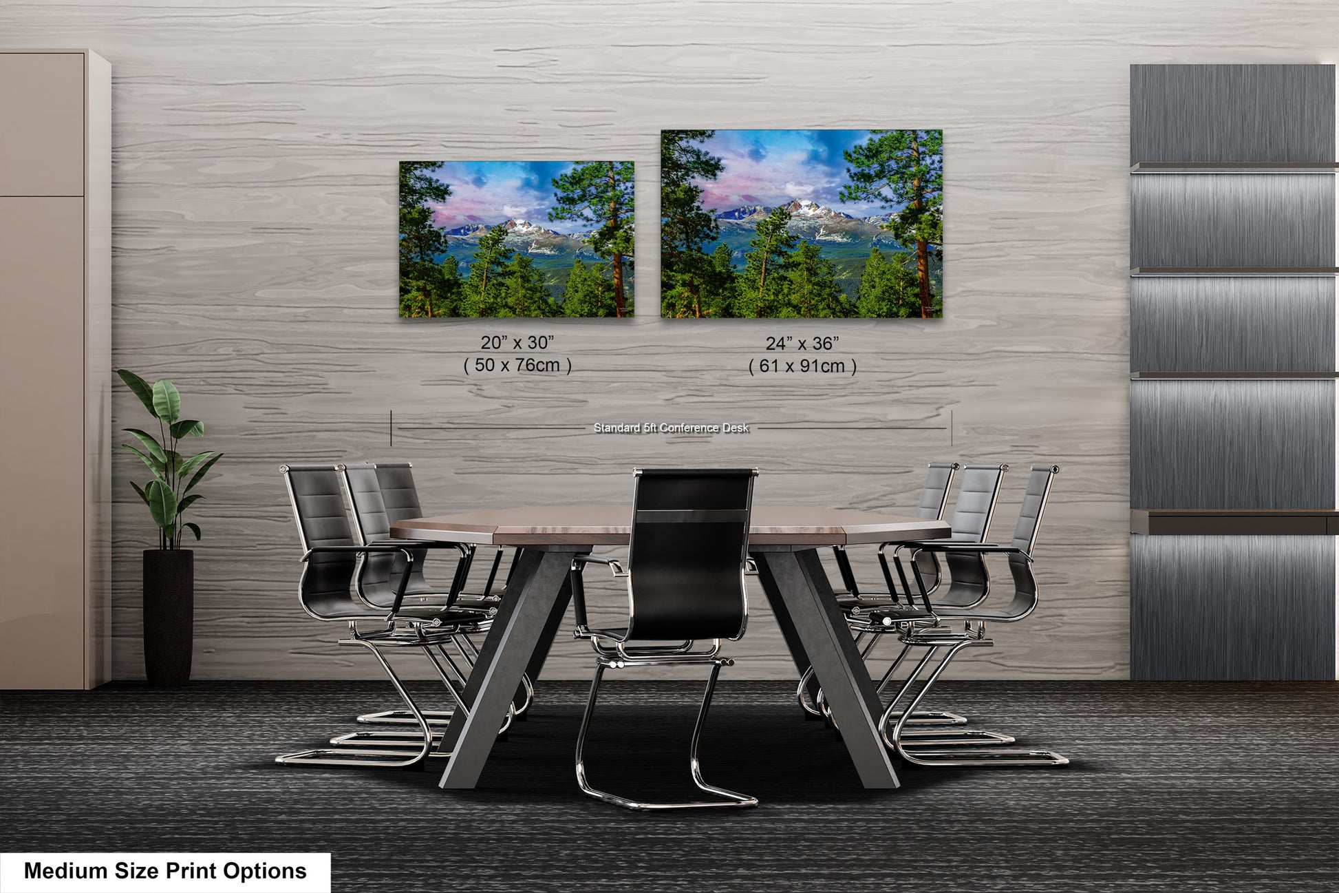 a dining room table with chairs and two pictures on the wall
