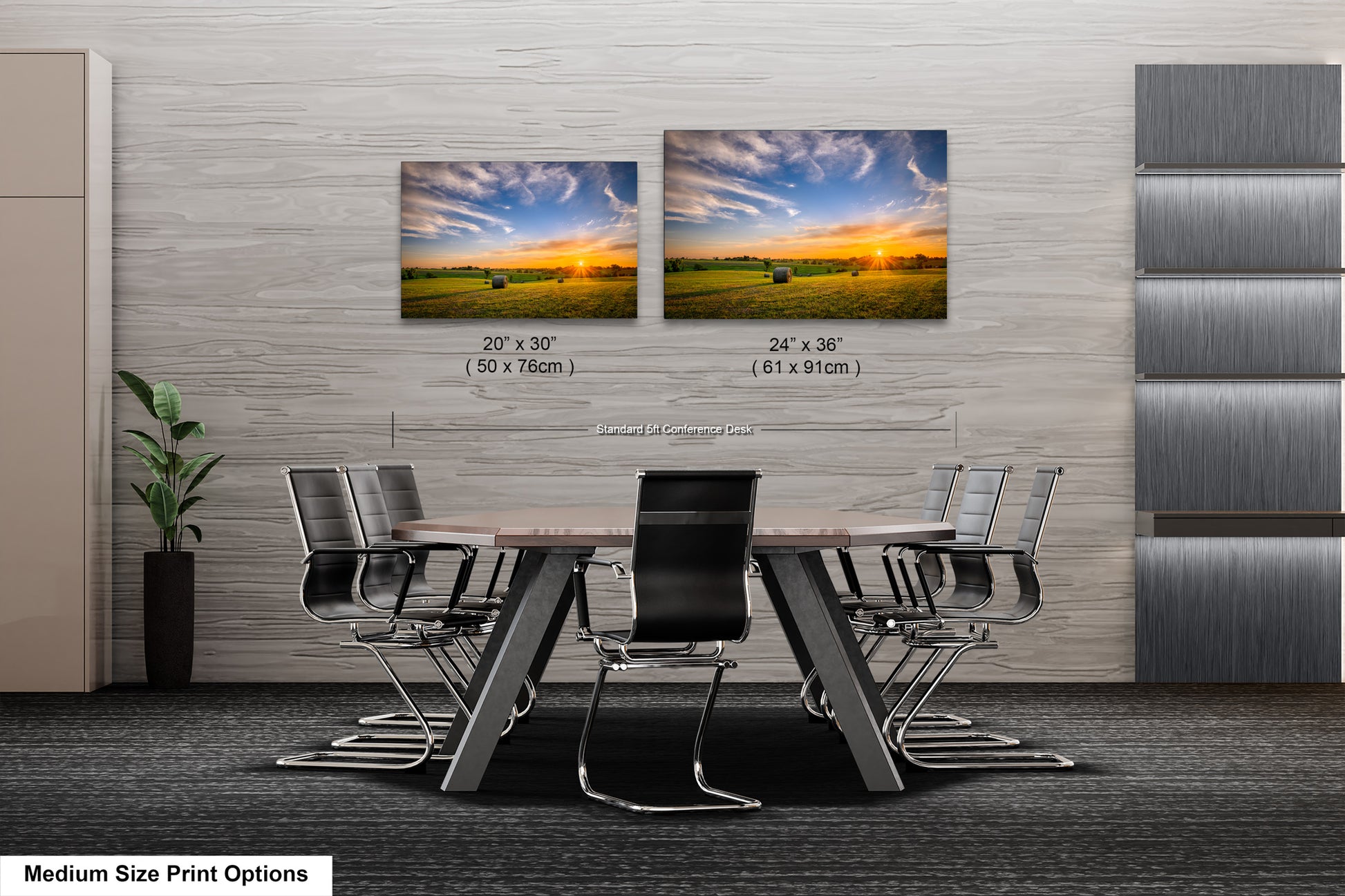 a dining room table with chairs and two pictures on the wall