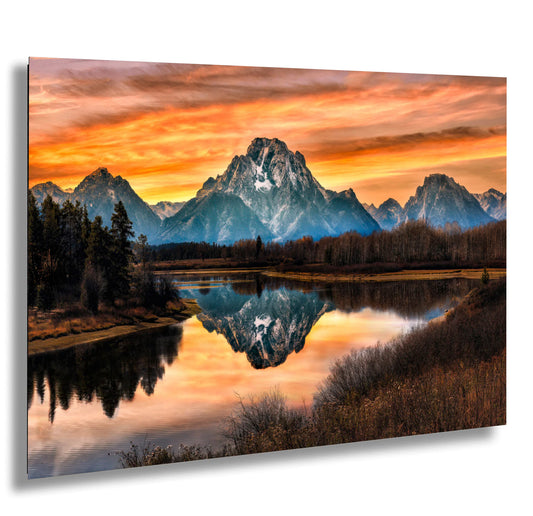 a painting of a mountain range with a lake in the foreground