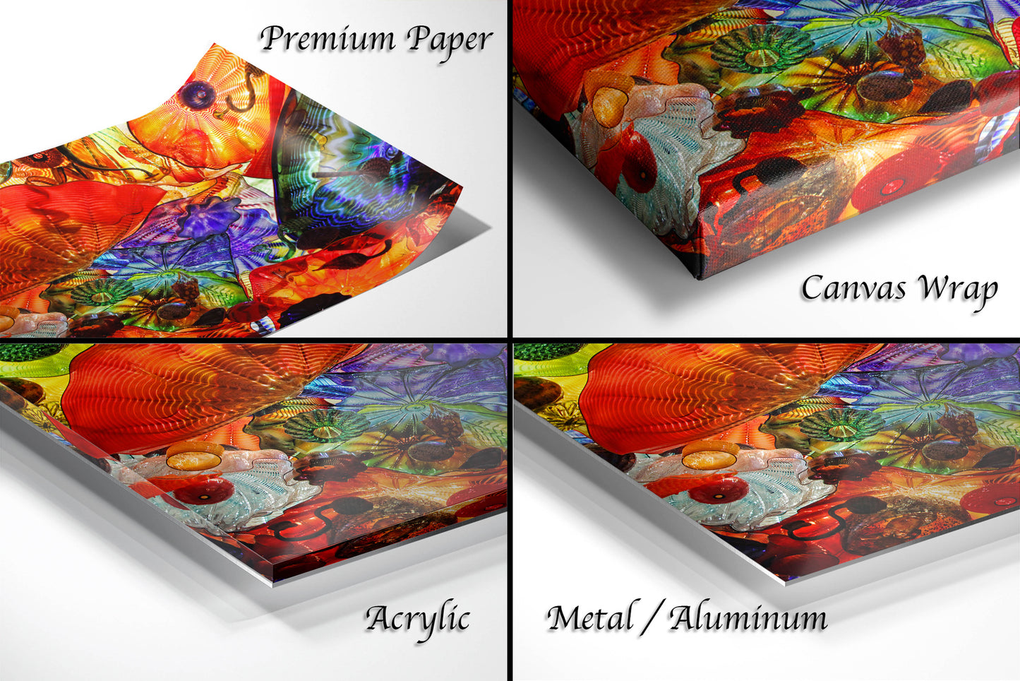 four different images of a colorful box
